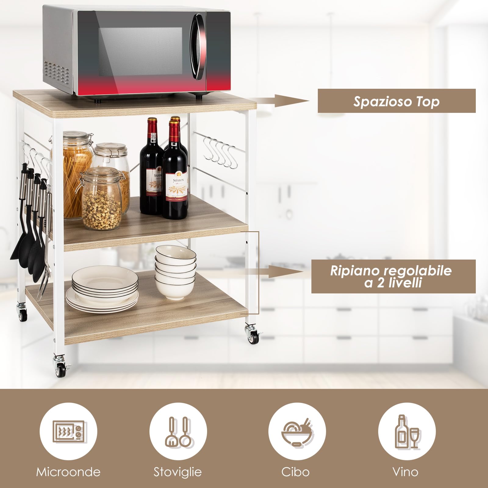 COSTWAY Carrello da Cucina con 10 Ganci Rimovibili, Scaffale per Pasticceria con 3 Livelli, Scaffale con Struttura di Metallo con Ruote Bloccabili per Bar Ristorante Hotel, 60 x 40 x 73,5 cm (Beige)