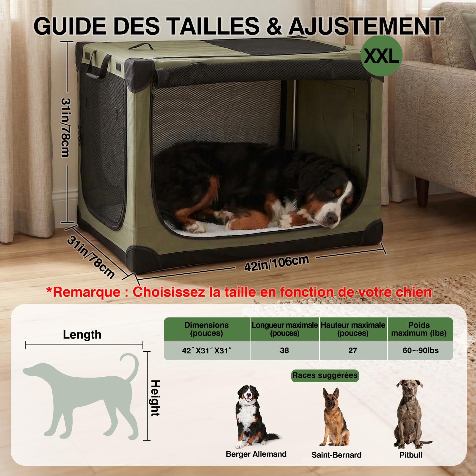 derimkcoa Caisse de Transport Pliable pour Chiens, Cage pour Chien avec Tapis épais, Caisse de Transport pour Chien Manchon en Tissu réglable, Portes en Maille Respirante,106 * 78 * 78cm,Vert
