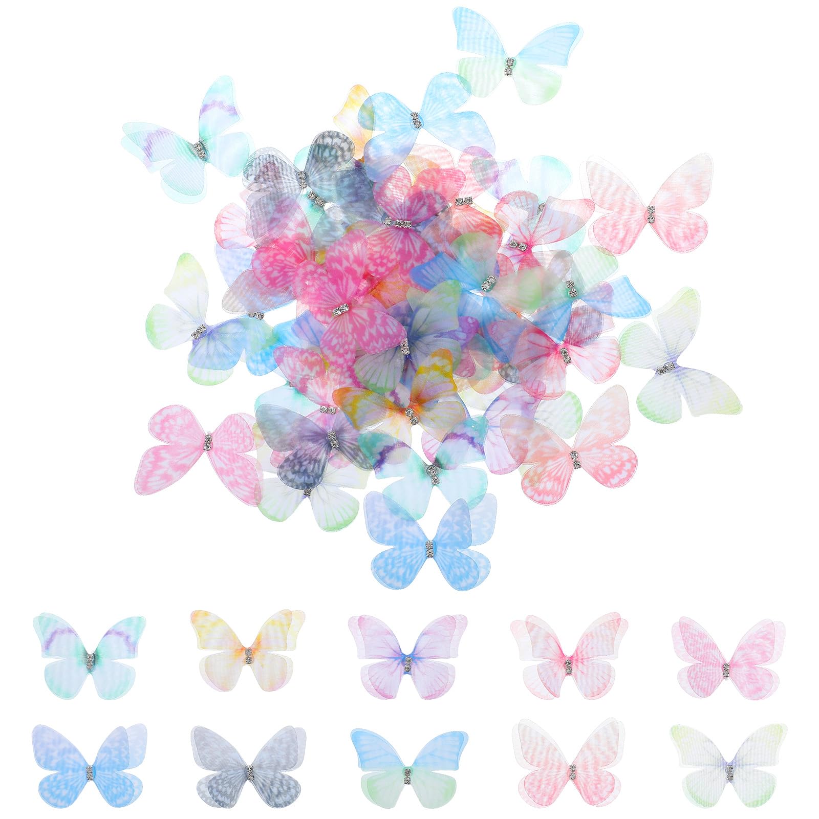 60Pcs Organza Fabric Butterfly Appliques, Colorful 3D Butterflies for Crafts with Lace Silk 2 Layers Wall Decoration for DIY Wedding Party Decoration Clothes Ornament Home Decor