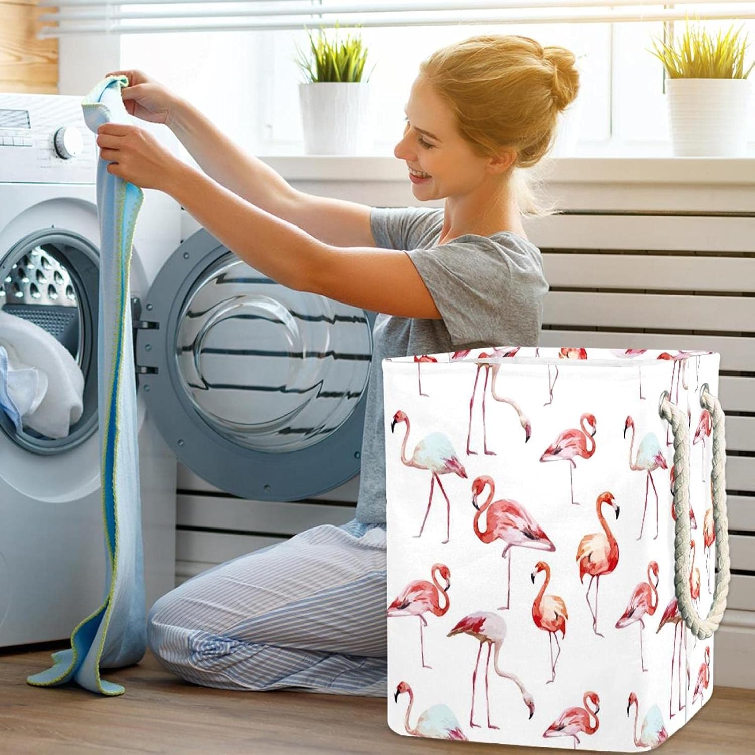 Elegant Pink Flamingos Large Laundry Hamper With Easy Carry Handle, Waterproof Collapsible Laundry Basket For Storage Bins Kids Room Home Organizer