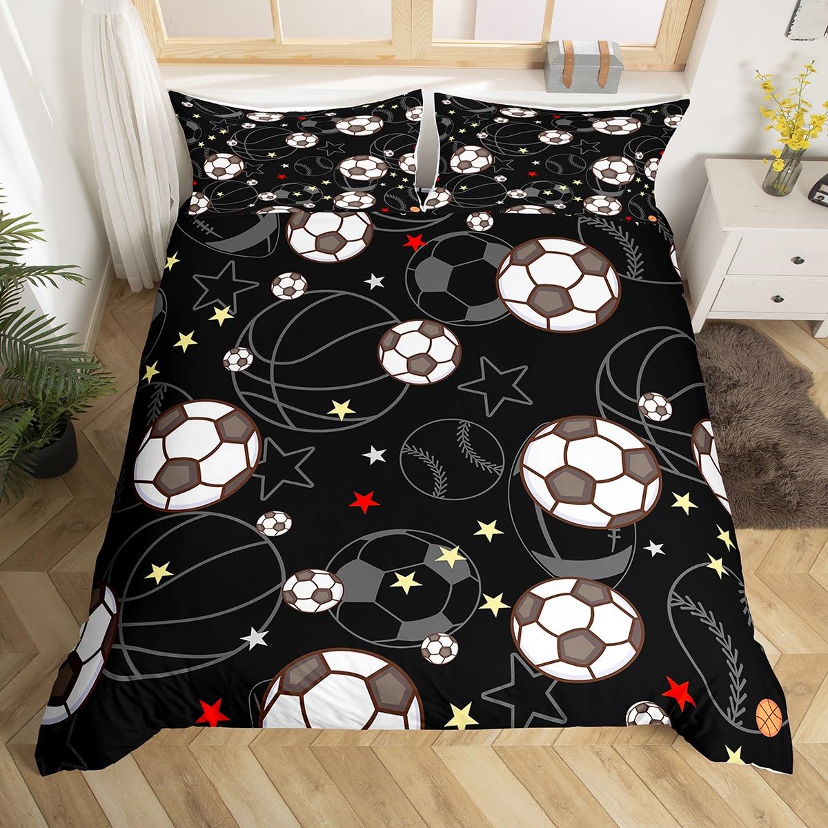 meiyoeat Soccer Duvet Cover Toddler Size Ball Sports Game Comforter Cover Boys Teens Star Print Bedding Set Breathable Gift for Soccer Lover Bedroom Decor