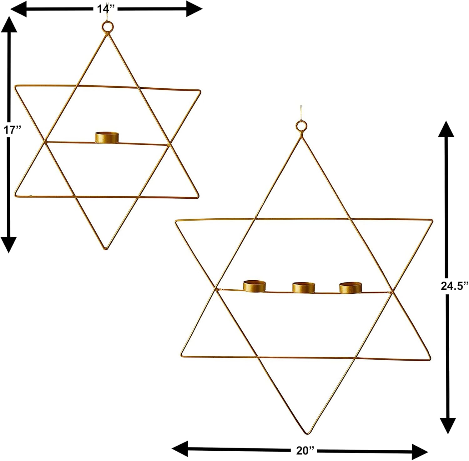 S/2 Star of David Magen Hanging Ornament Candle Holder Gold Metal Room Home Business Party Hanukkah Jewish Decor 24" & 17"