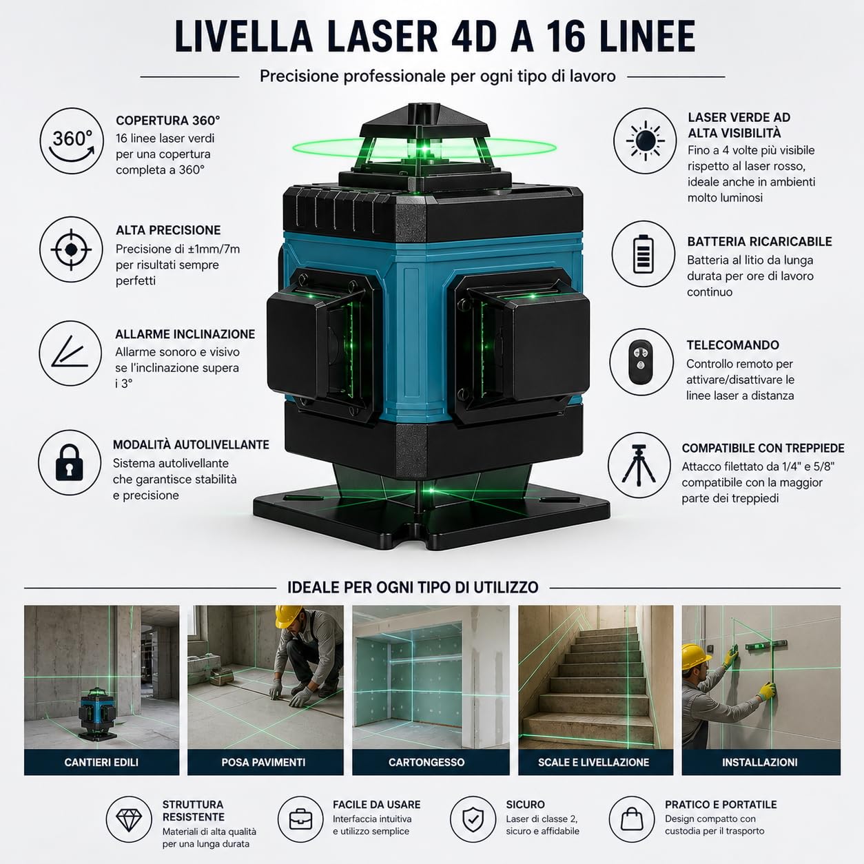 GrecoShop Livella Laser Autolivellante 4D 16 Linee con Telecomando – Tracciatore Professionale Verde, Alta Precisione, 360°, Ideale per Lavori Edili, Piastrellisti e Fai da Te