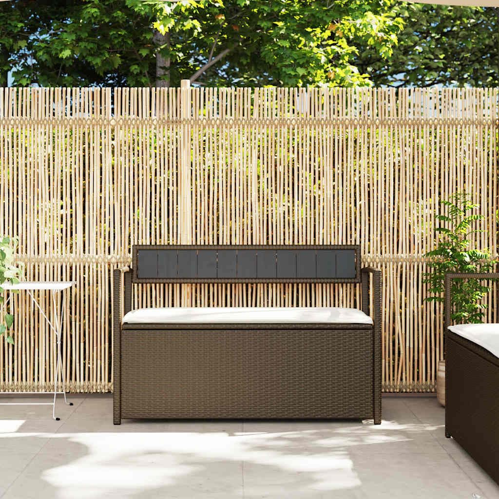 Banc de Jardin avec Coffre de Rangement Marron en résine tressée, Assise Confortable avec Coussin Blanc crème, idéal pour terrasse Balcon Patio Cour Veranda, capacité 110 kg
