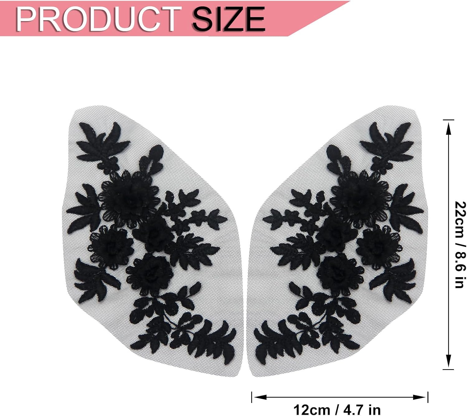 3D Flower Embroidery Lace Applique,Floral Vintage Embroidered Lace Appliques DIY Fabric Patch Accessory for Sewing Craft Wedding Dresses Gown Decor(1 Pair/Black)