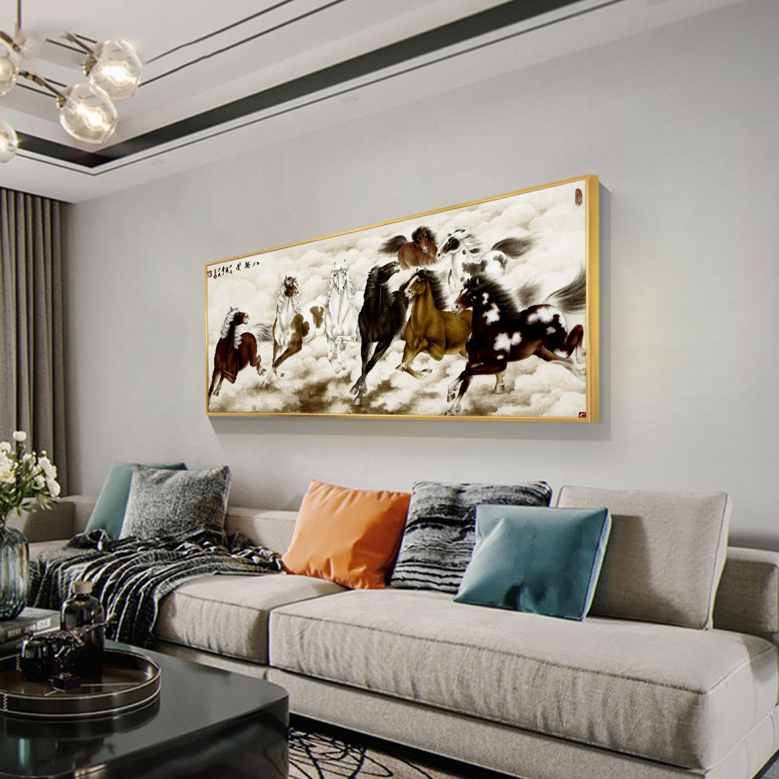 huit chevaux courant dans les nuages toile art mural encre de Chine affiche peinture style galopant cheval photos impression d’art pour salon bureau décoration intérieure 40x101cm avec-cadre-doré
