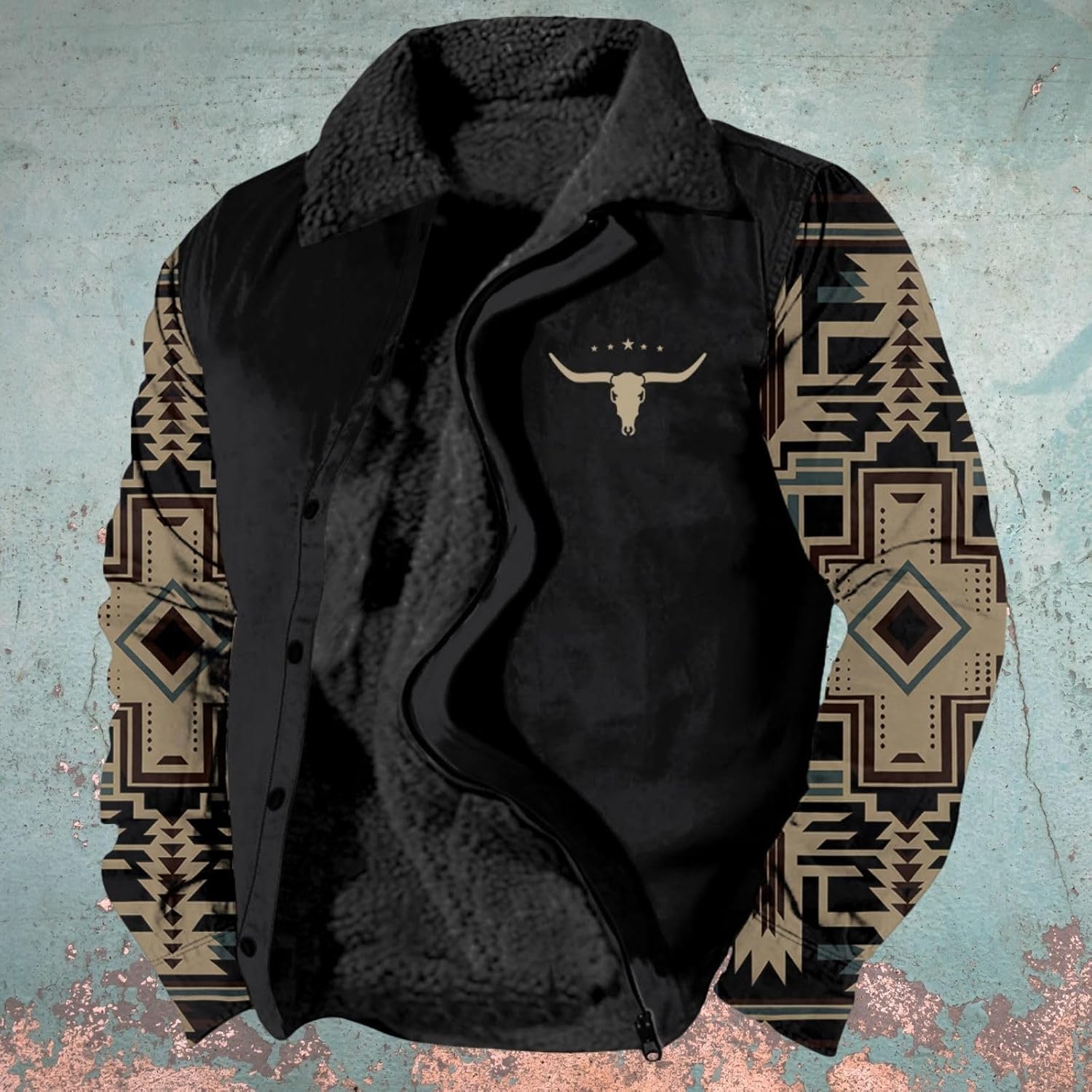 Country Vintage Western Cowboy Aztec Print Graphic Jacket for Men Autumn/Winter Lapel Fleece Zipper Jacket - Image 2