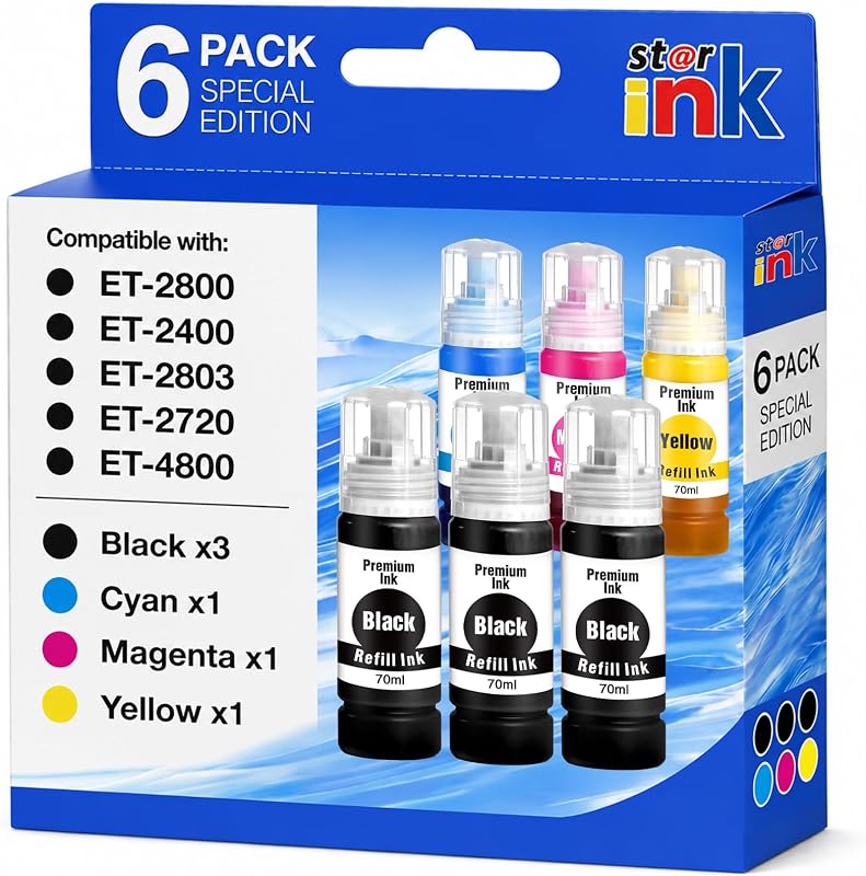 Compatible Ink Refill Bottles Replacement for EPSON 522 Ink Refill Bottles | Work with Epson EcoTank ET-2800 ET-2400 ET-4800 ET-2803 ET-2720 ET-4700 ET-4810 ET-2840 Printer High Capacity (6 Bottles)