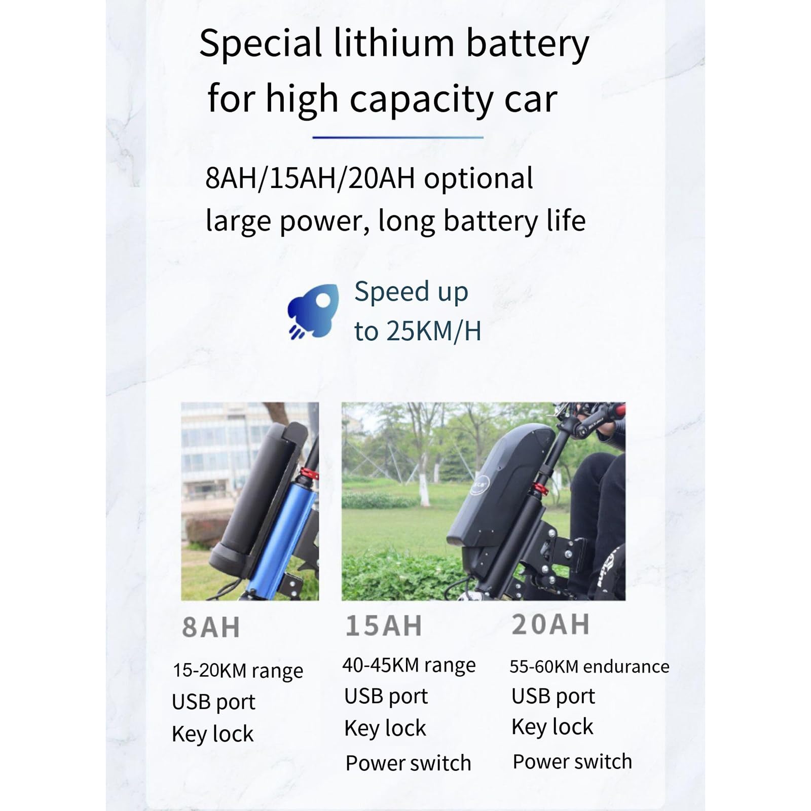 Elektryczny trójkołowy wózek inwalidzki, wózek dla osób niepełnosprawnych, przenośny zestaw do konwersji wózka inwalidzkiego na zewnątrz (B20ah Connectinthemiddle)