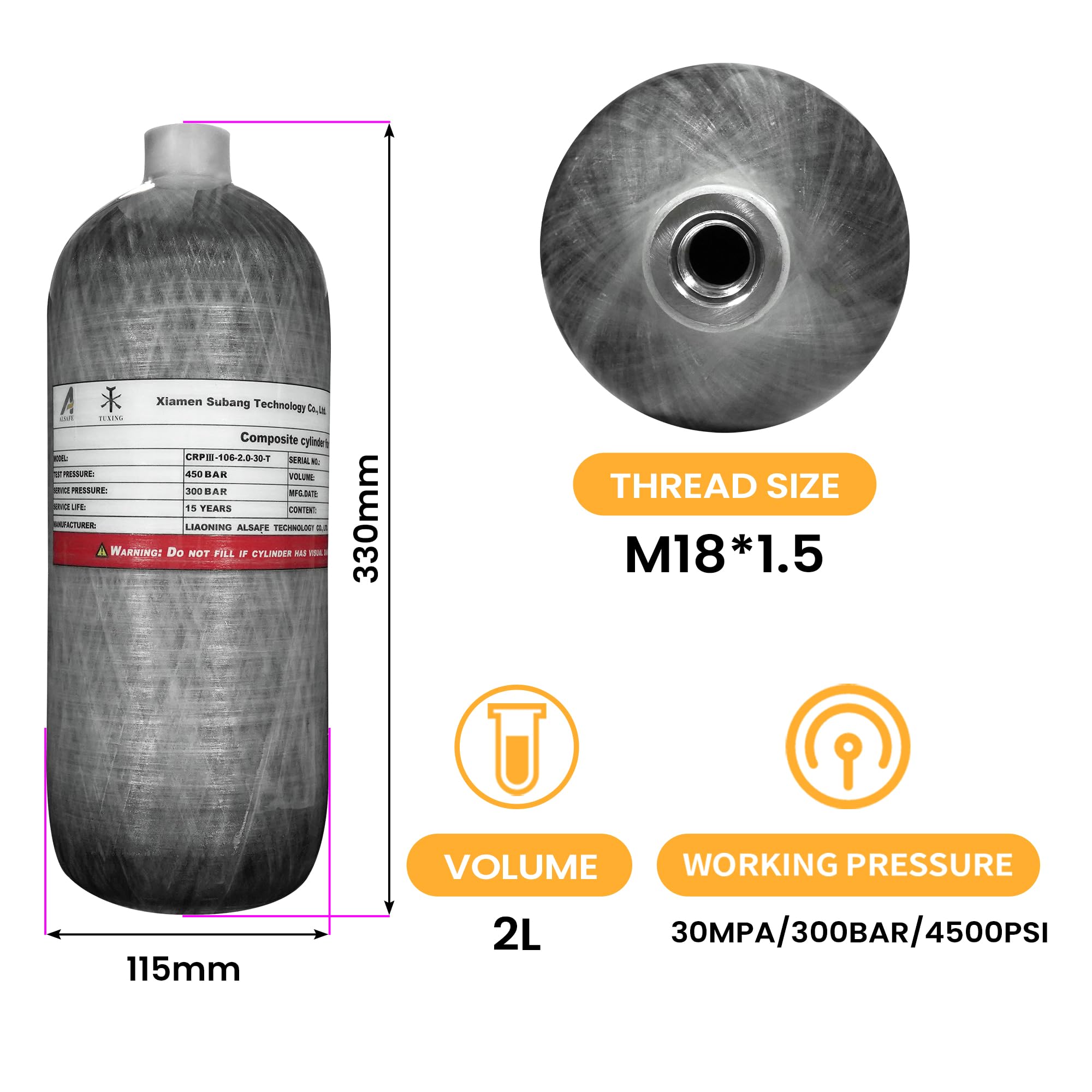 TUXING Réservoir d'air HPA en fibre de carbone 4500 psi, 2 L 122 Cu avec valve de régulation de remplissage PCP pour carabine à air comprimé PCP (bouteille vide), M18 x 1,5