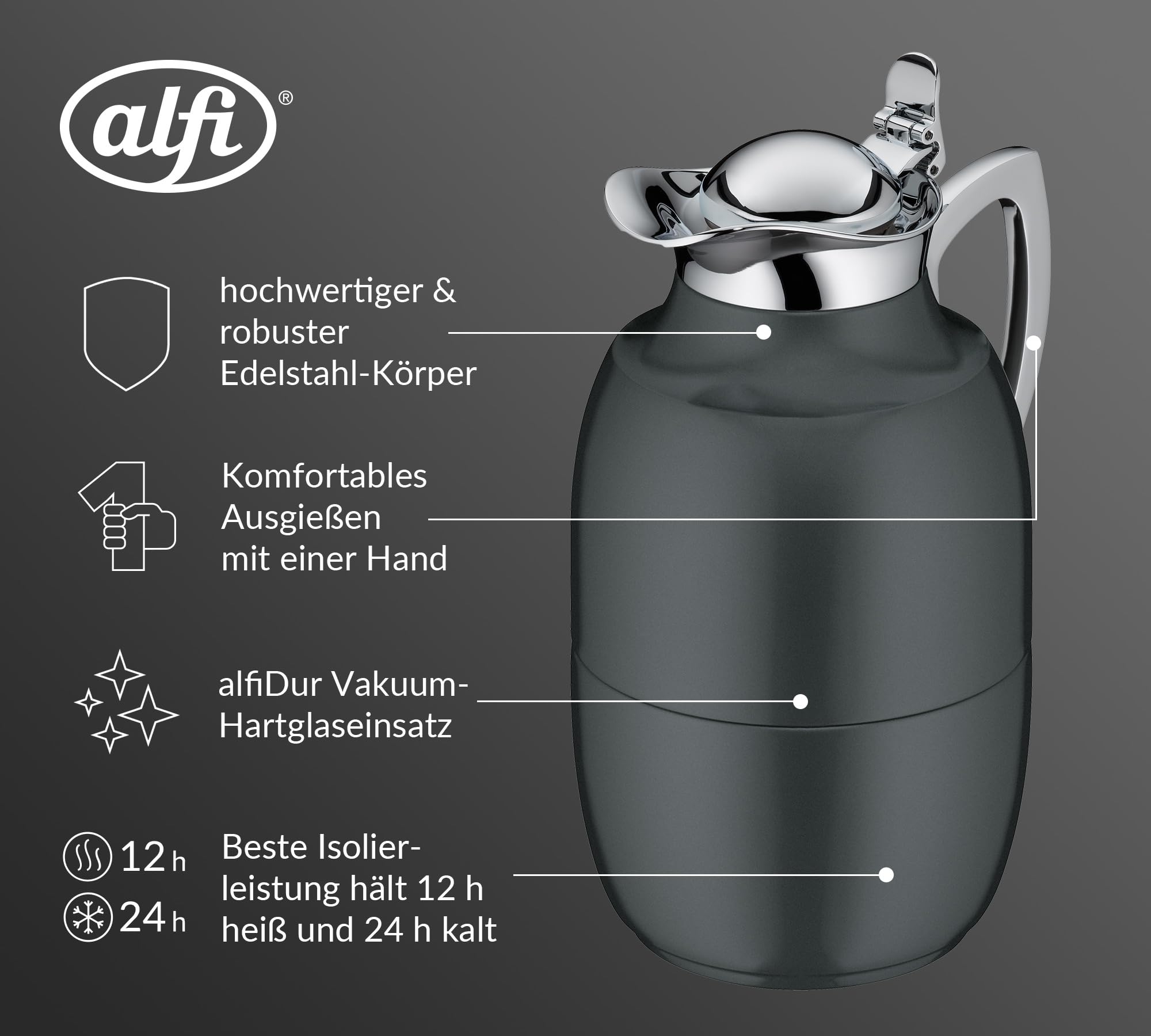 alfi JUWEL 1,0l, satin black mat, elegante Isolierkanne mit Hartglaseinsatz, 12h heiß & 24h kalt, ideal als Kaffeekanne, Teekanne