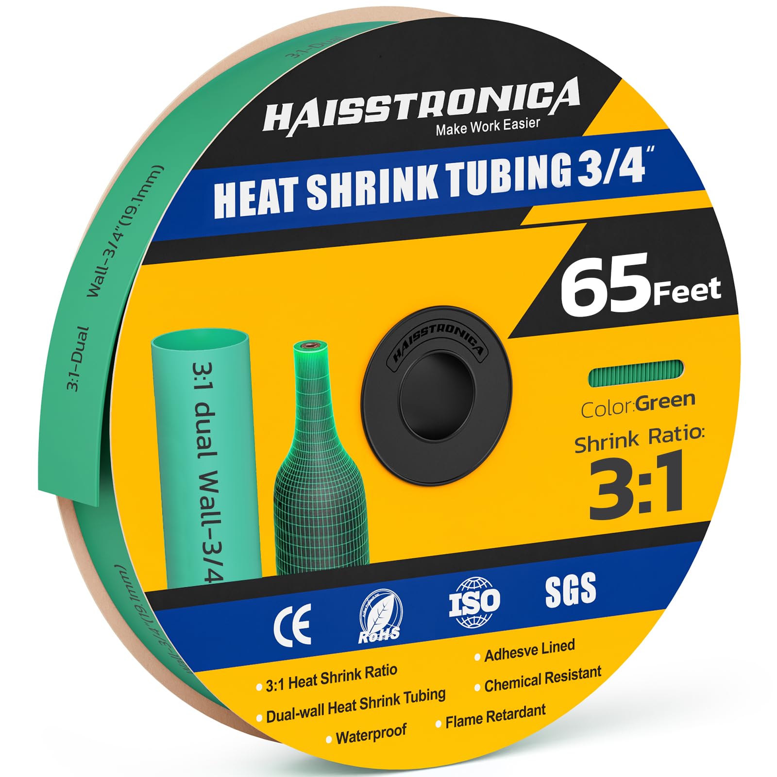 haisstronica3/4"(19.1mm) 3:1 Heat Shrink Tubing, 65FT Adhesive Lined Marine Grade Heat Shrink Roll Green