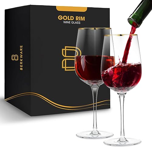 Juego de 2 copas de vino tinto de tallo largo, elegantes copas de vino con borde dorado, juego de copas de vino de primera calidad, copas de vino