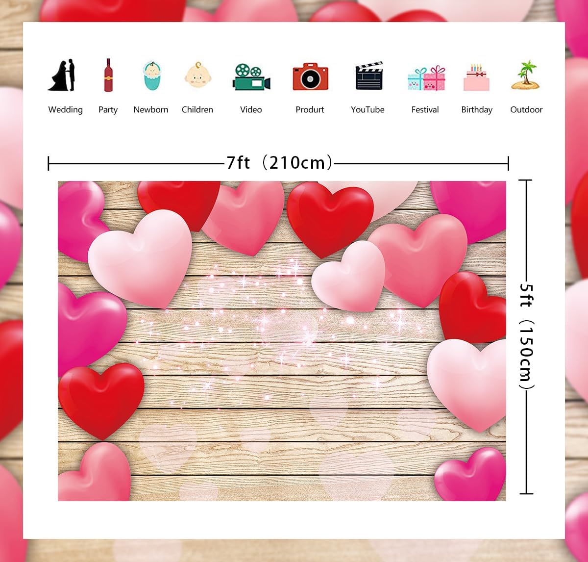 Valentine's Day Photography Backdrop 7x5FT Pink Heart Backdrop Wooden Glitter Lights Red Love Heart Balloons Background for Valentine's Day Baby Shower Party Wall Decorations Banner