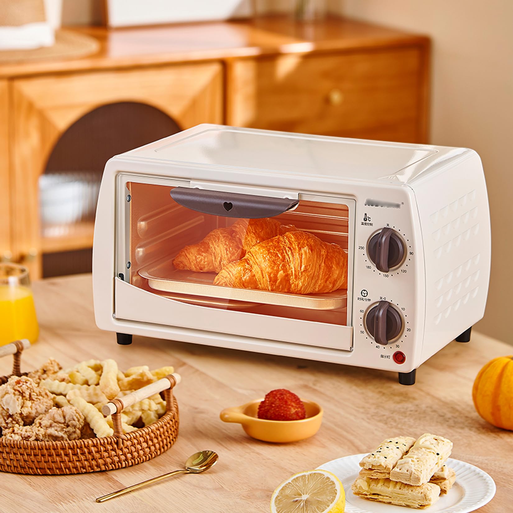 Mini Horno 12L,Ventana Visual,Pomo de Ajuste,Incluye Temporizador,Ajuste de Temperatura,Incluye Bandeja Para Hornear y Rejilla de Alambre,Con Manoplas Especiales