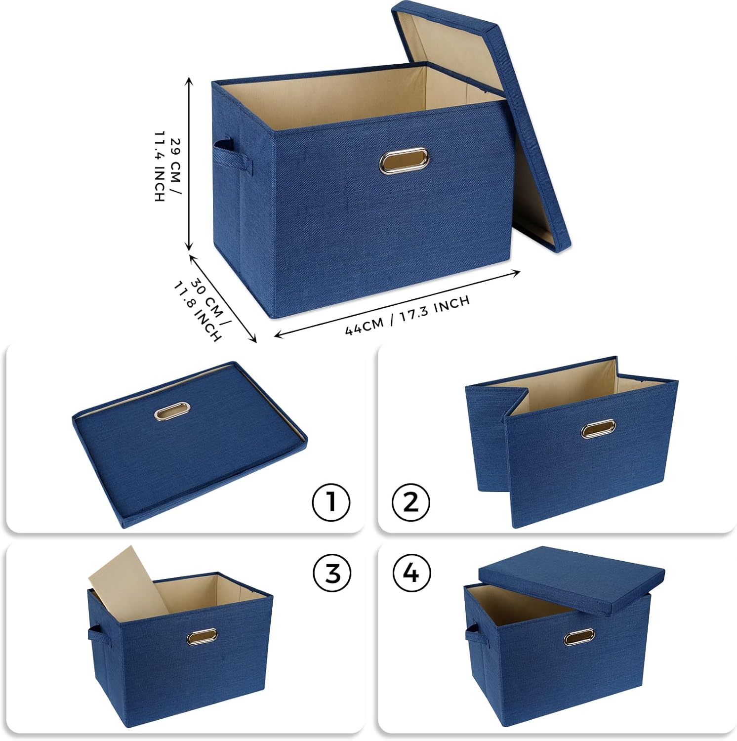 SNWDN 4 Pack Large collapsible Fabric Storage Bins with Lids Fabric storage box with lids for closet organizers and storage (Dark Blue 17.3x11.4x11.8 inches)