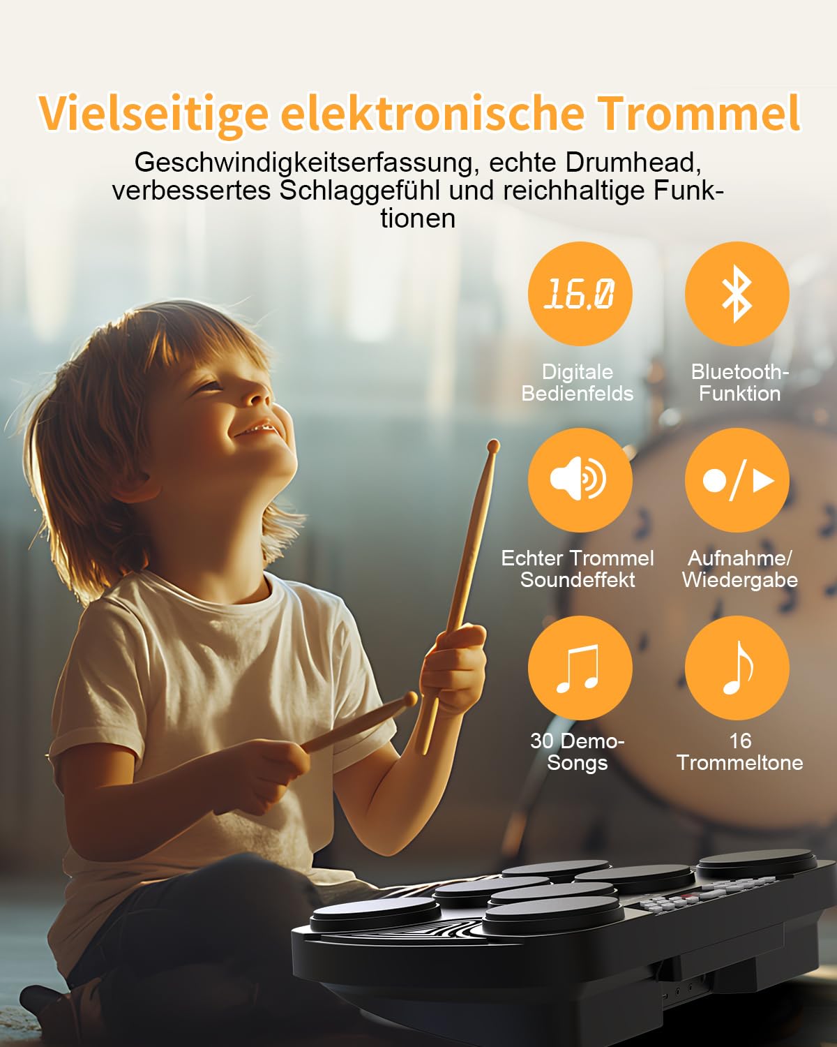 Schlagzeug Elektronisch, 7 Pads Elektronisches Schlagzeug Anschlagsdynamisch, E Drum Unterstützung MIDI Bluetooth PC Anschließen, Digital Drum für Kinder, Anfänger Geburtstag Geschenk