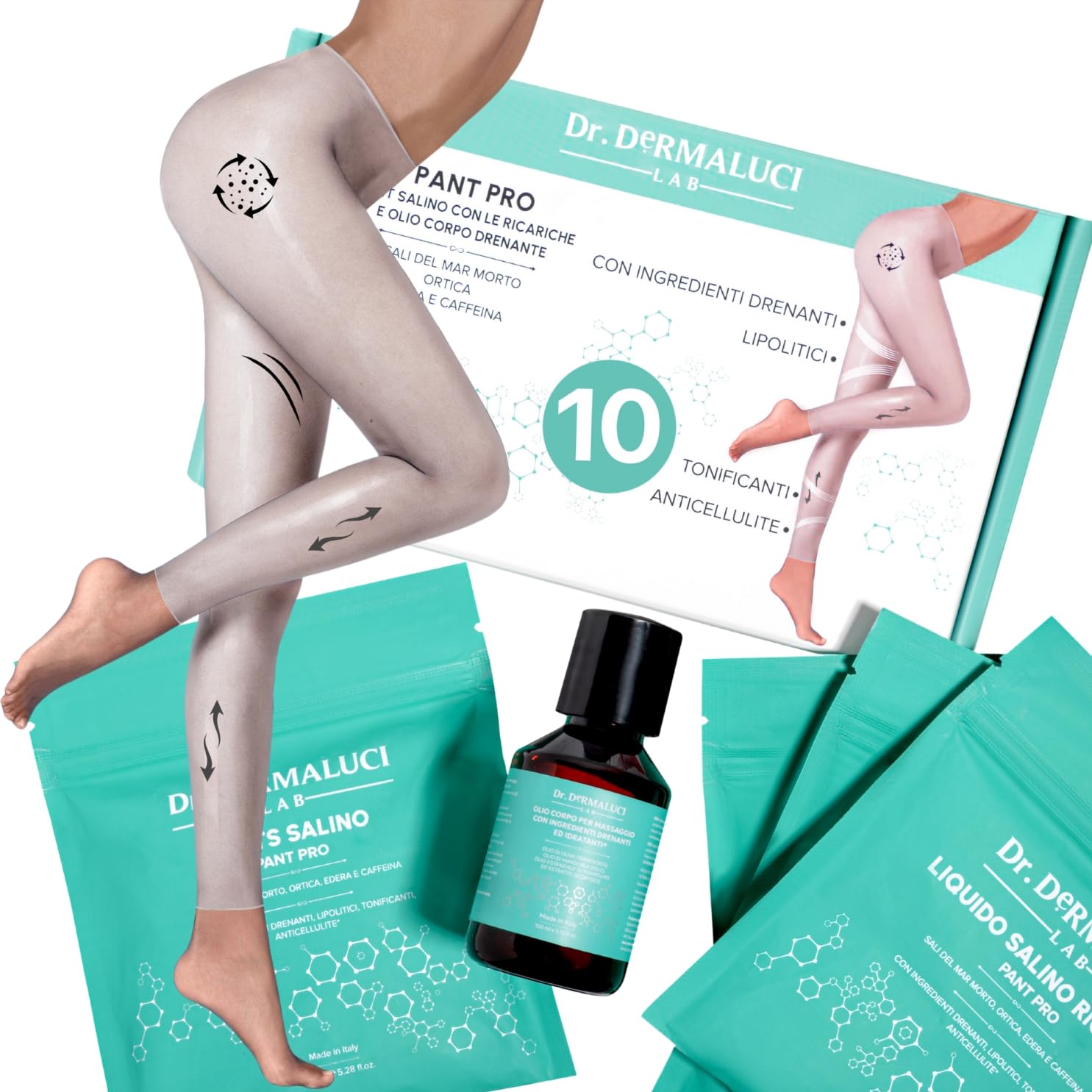 Dr. DERMALUCI LAB - Pant Salino Drenaggio Linfatico Potente Bio - Linfedema, Gambe Pesanti, Anti-Cellulite - Kit 5 Applicazioni Collant + 5 Olio - Sale del Mar Morto, Caffeina, Edera, Ortica - Italy