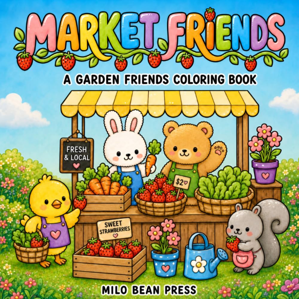 Market Friends Coloring Book: Cute and Bold Cozy Market Coloring Pages for Adults and Kids (Garden Friends)