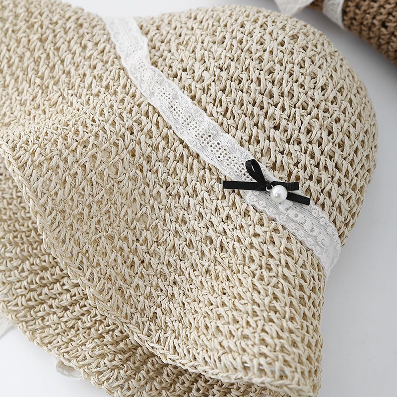 Sombrero de Paja Ahuecado de ala Ancha para Mujer,Ligero,con Lazo de Encaje de Perlas,Plegable,Transpirable,para Playa,para Caminar y Viajar