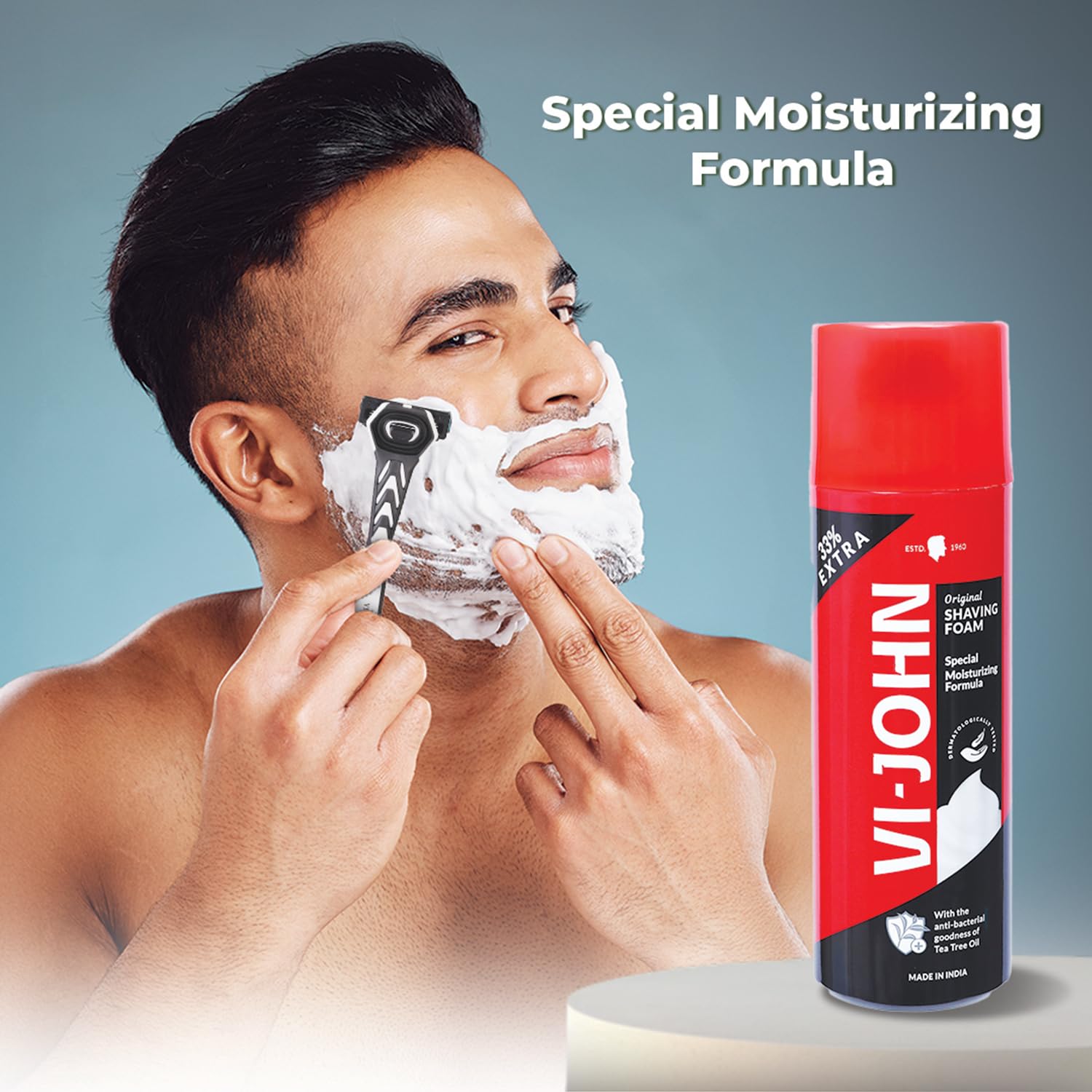 VI-JOHN Red Shaving Foam with Vitamin E and Tea Tree Oil, 401GM, With Special Moisturising Formula 1