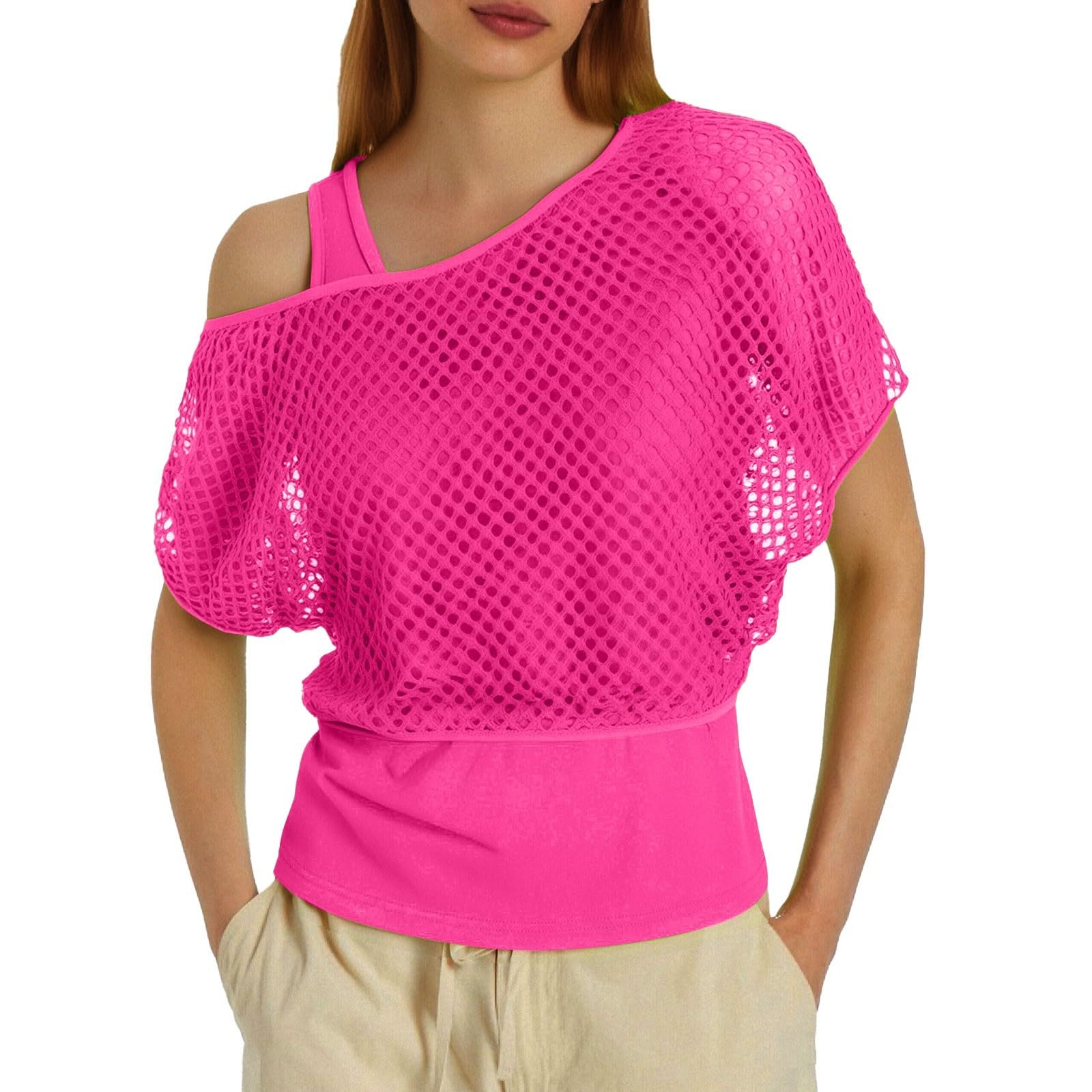 80S Neon Mesh Top for Women Fishnet T Shirts Sheer Off Shoulder Tops and Vest 2 Pieces Set Party Outfit Sexy Disco Clothes Y2K Gothic Tops Retro 90s 80s Party Costume Rave Outfits Fancy Dress (XXXL)