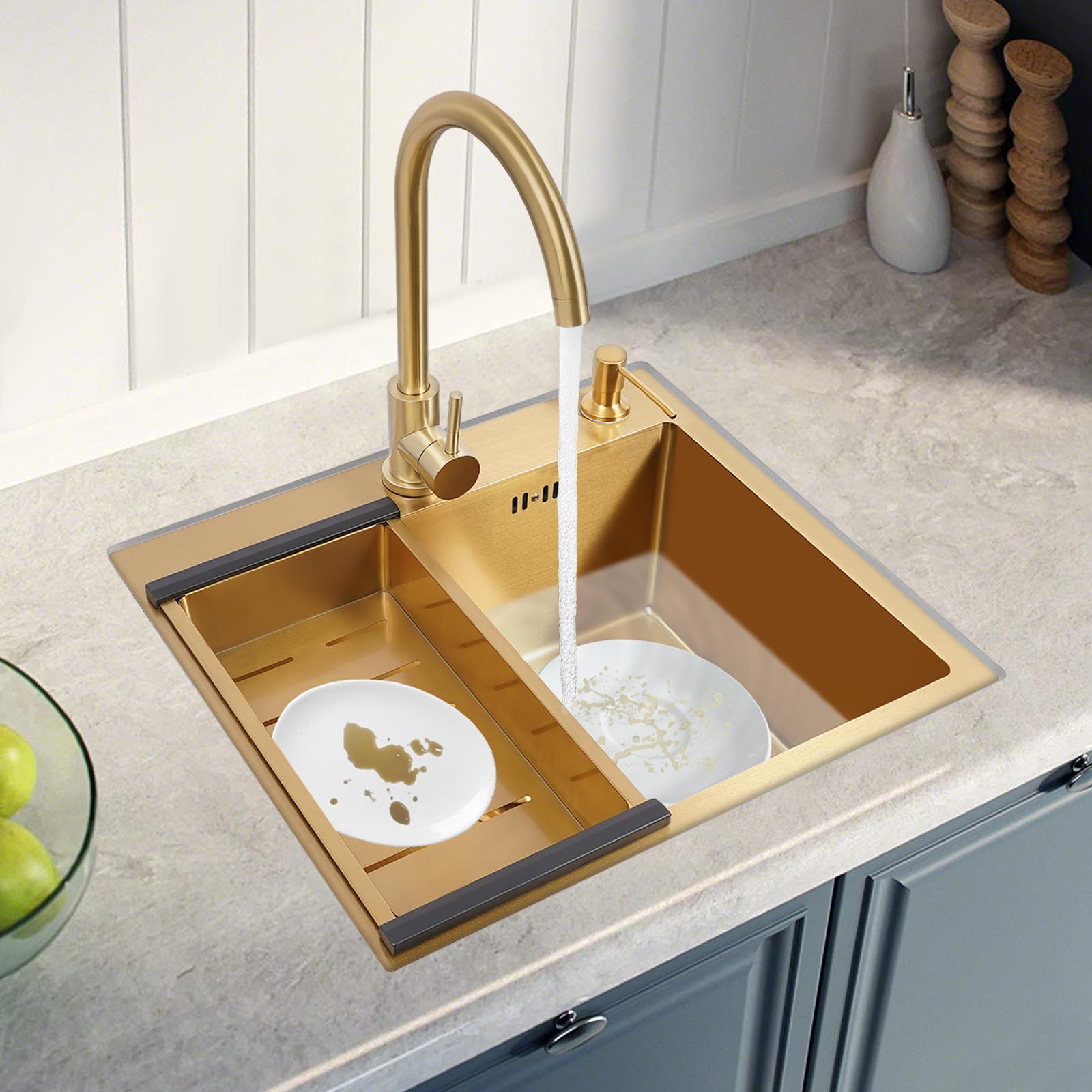 Fregadero de acero inoxidable dorado, lavabo rectangular con escurridor, dispensador de jabón y grifo, para cocinas, restaurantes, cafeterías, bares, hoteles, 50 x 45 x 22 cm