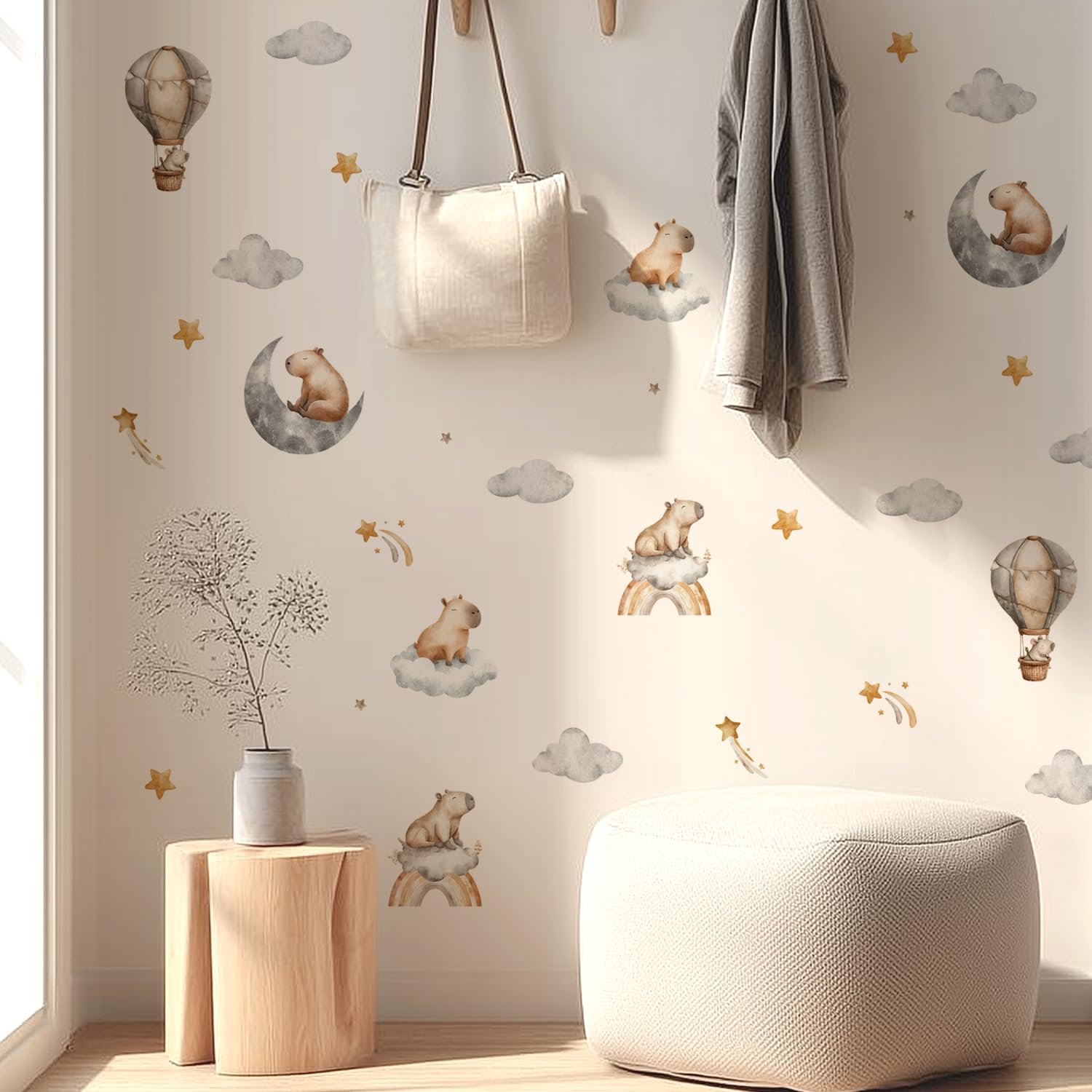 Alwayspon 38 Decals Cute Capybara Grey Moon Star Cloud Hot Air Balloon Art Wall Decals - Image 2