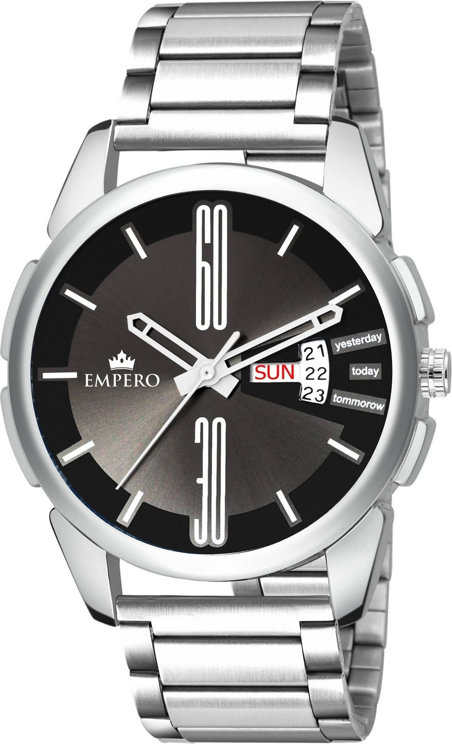 EMPERO-09 Silver Stainless Steel Day and Date Analog Mens Watch (Black) (B0C1NV76J2) Amazon Price History, Amazon Price Tracker