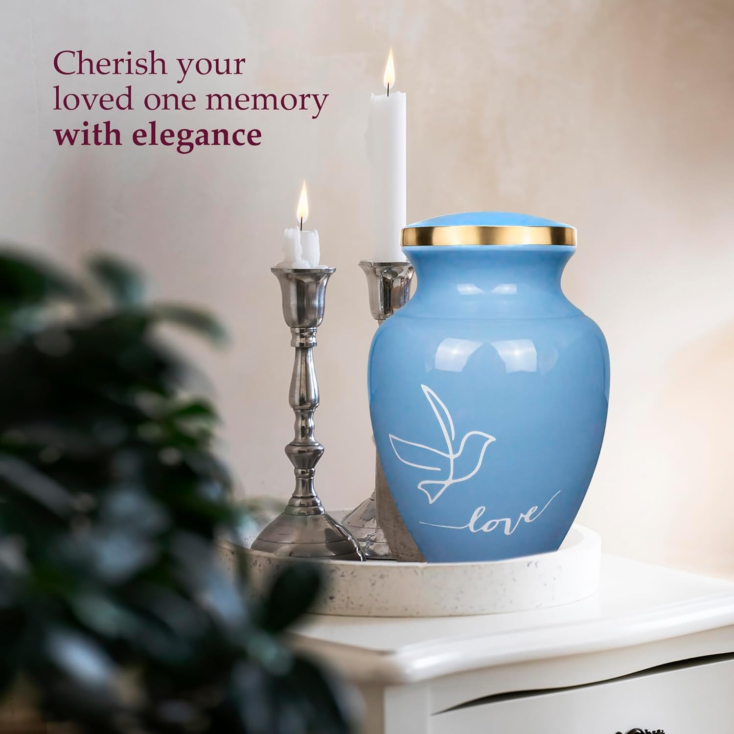 Trupoint Memorials Cremation Urns for Human Ashes, Love Dove Bird Decorative Burial Urn for Adult Men and Women, Large Light Blue