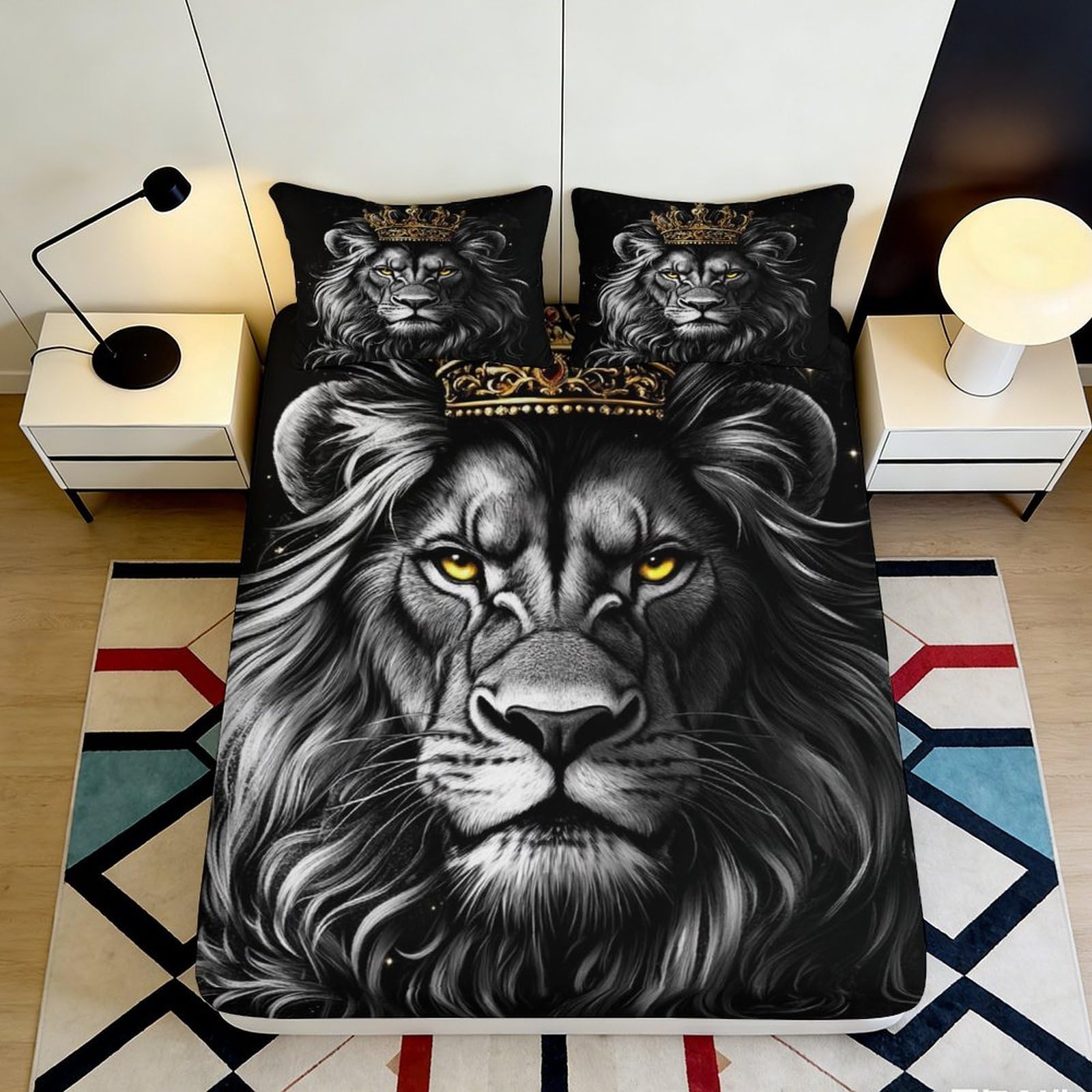 3D Printed Majestic Lion Fitted Sheet Microfiber Soft Breathable King Crown Bed Sheet for Bedroom Dorm Decor Mattress Protection 90x200x25cm