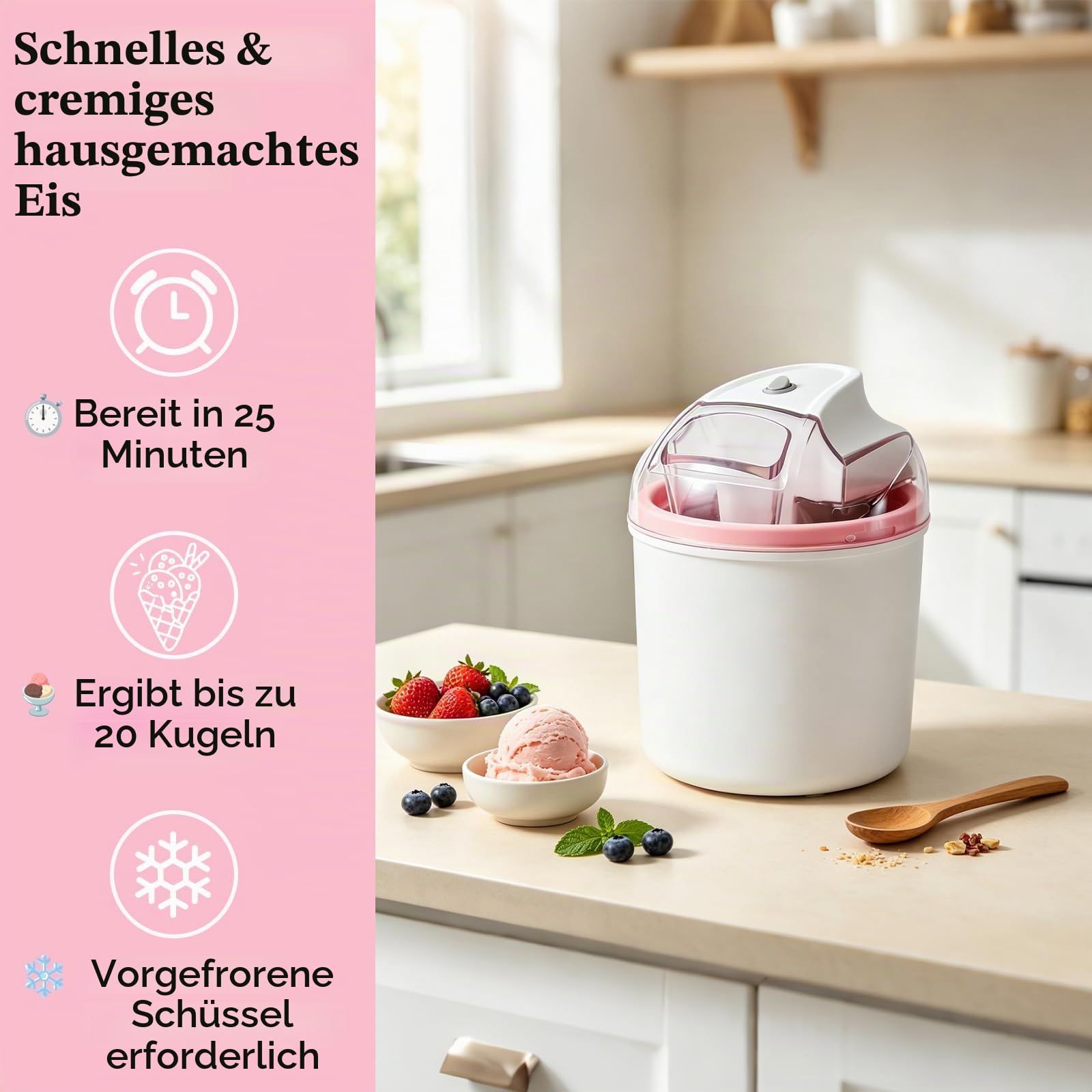Eismaschine 1,6 L, für Eiscreme, Sorbet & Frozen Joghurt, Softeismaschine mit One-Touch-Bedienung, 20–40 Min. Zubereitungszeit, mit Nachfüllöffnung und doppelwandigem Kühlbehälter