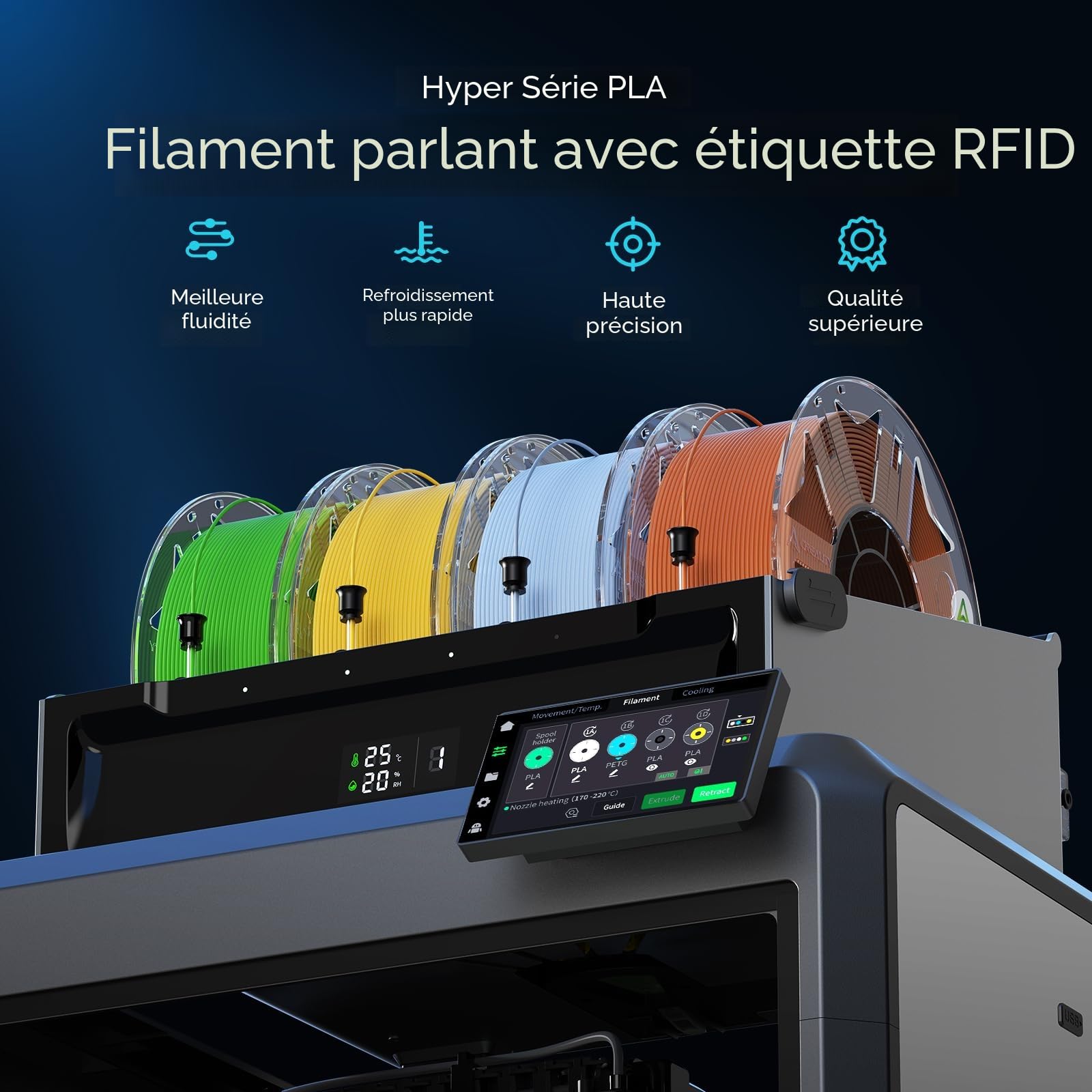 Creality Hyper RFID PLA Filament 1,75 mm pour Imprimante 3D K2 Plus Combo, Haute Vitesse 30-600 mm/s, Prenant en Charge CFS, Convient à la Plupart des Imprimantes 3D (Noir, Blanc, Rouge, Bleu 4KG)