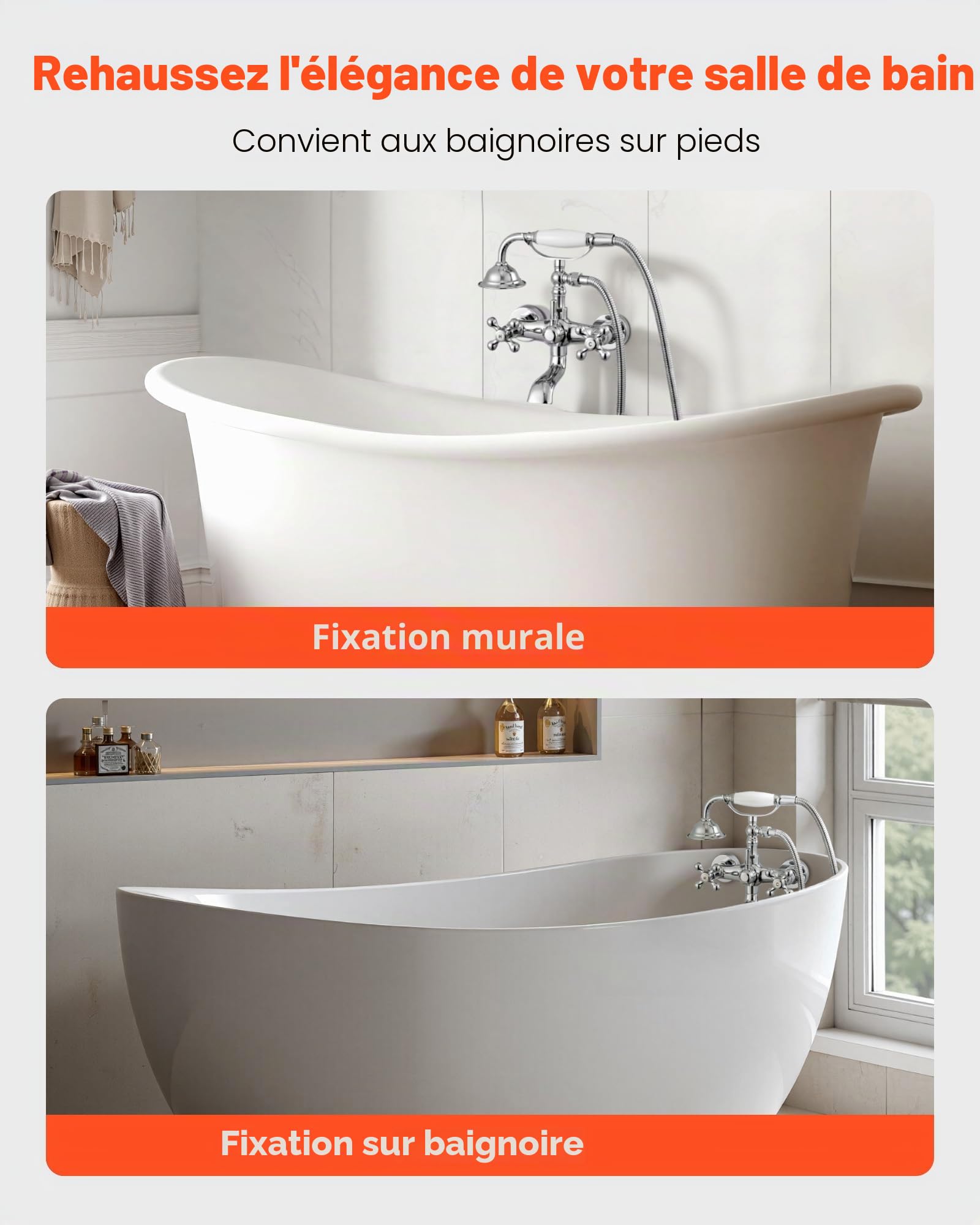 VEVOR Robinet de baignoire sur pattes avec douchette à main, ensemble de robinet de remplissage de baignoire en chrome poli vintage, montage mural, avec bras pivotants réglables et bec pivotant à 360°
