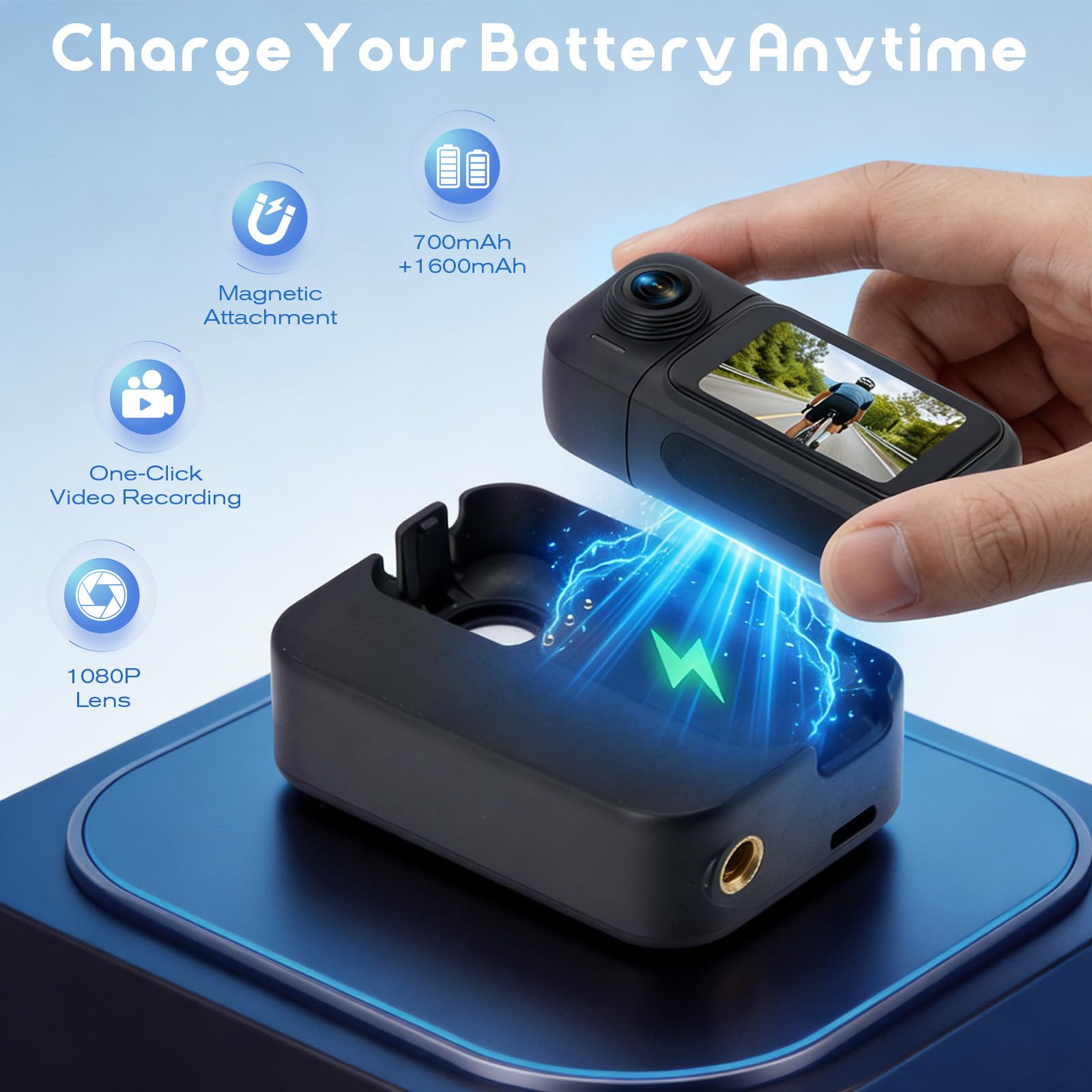 Videocamera d'azione a 180° con touchscreen e batteria da 8 ore