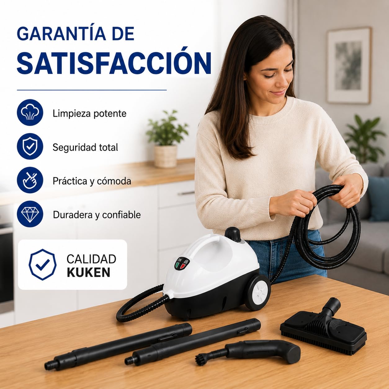 KUKEN Vaporeta Limpieza Hogar 1500W, Vaporeta De Mano Y Limpiador A Vapor Con 3,5 Bar, Depósito 1,2L, 20 Minutos De Vapor, 13 Accesorios, Cable 3 Metros, Limpia Y Desinfecta