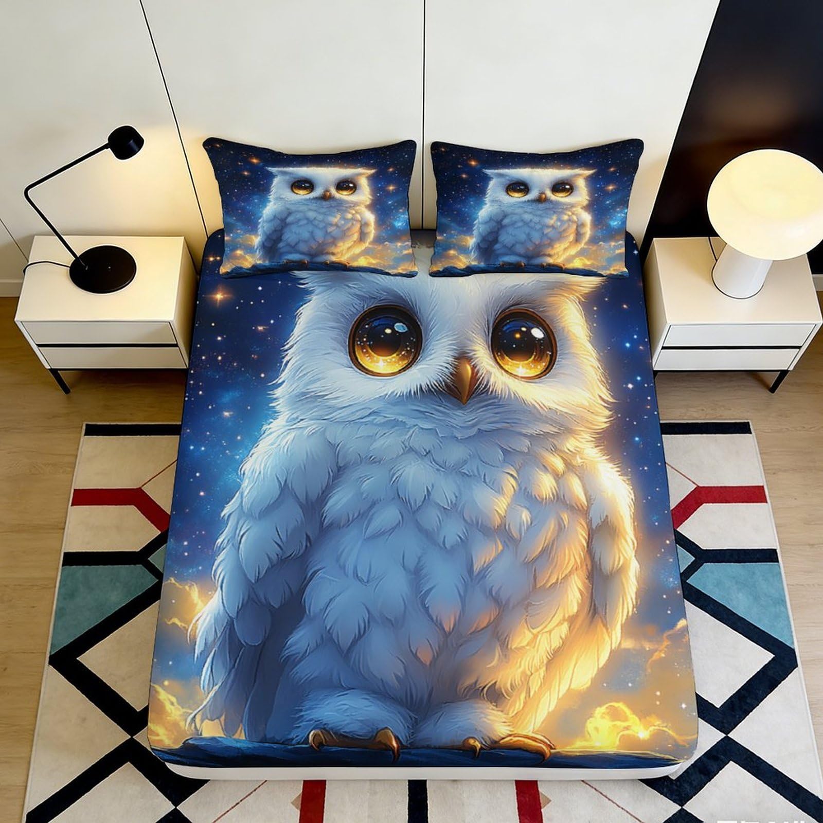 Dhbaneiok Style-3 3D Printed Cute Owl Fitted Sheet Microfiber Soft Breathable Night Sky Bed Cover For Bedroom Guest Room Decor 90X200x25cm