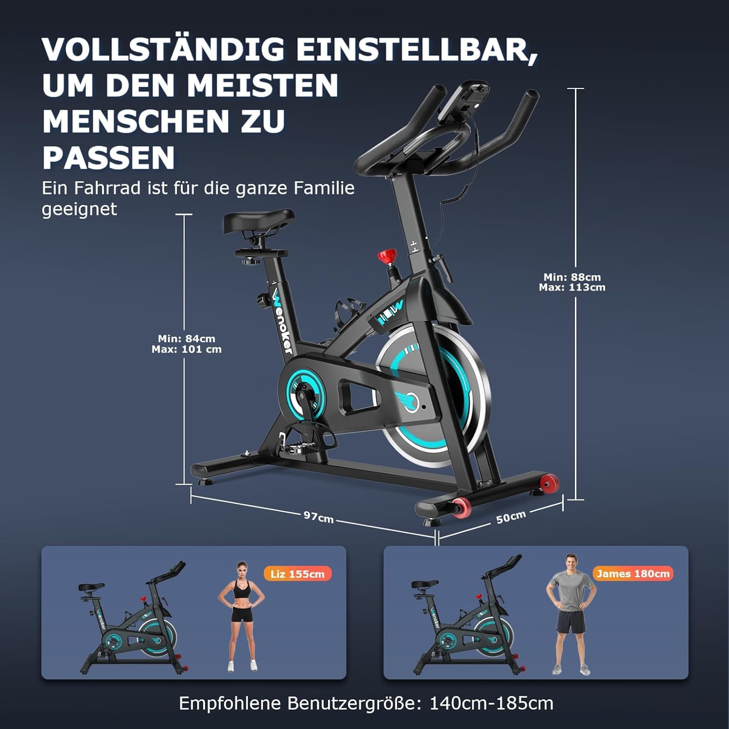 Wenoker Heimtrainer Fahrrad, Leises Hometrainer Ergometer mit LCD-Monitor, Hometrainer Fahrrad mit Tablet-Halter, Spinning Bike Indoor für Kardio-Training zu Hause, Bis 140KG