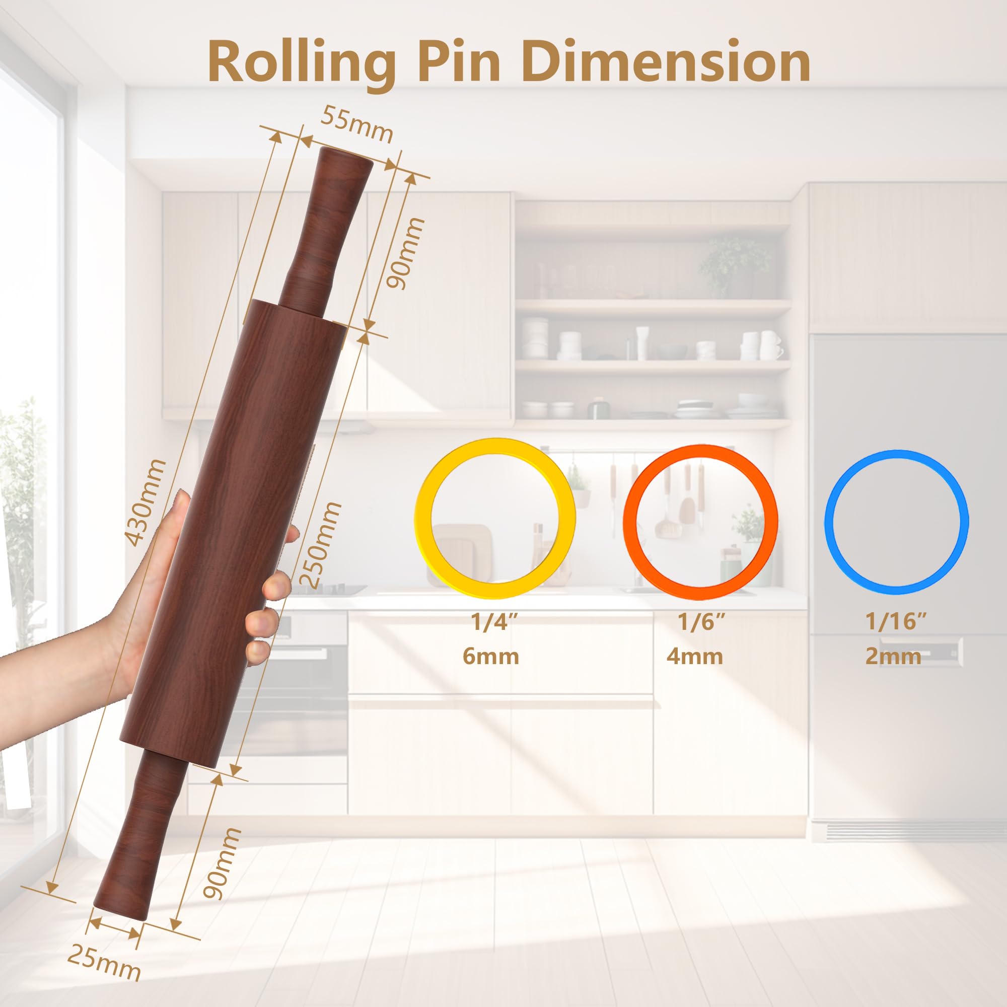 Rodillo de madera clásico con mango para fondant, pizza, pasteles, galletas, pasteles, rodillo para hornear con 3 anillos de grosor multicolor, 17 x 2.5 pulgadas (incluye asa)