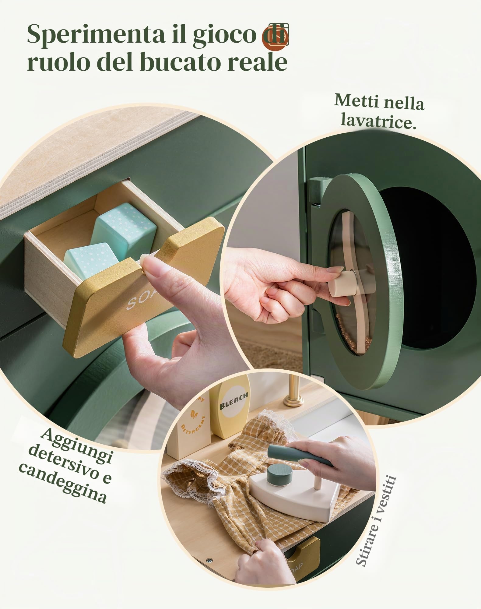 ROBUD Lavatrice Cucina Giocattolo Set, Accessori Cucina Giocattolo in Legno Gioco Lavatrice con Suono/Ferro, Giocattoli Realistici Legno Cucina per Bambini 3-8 Anni