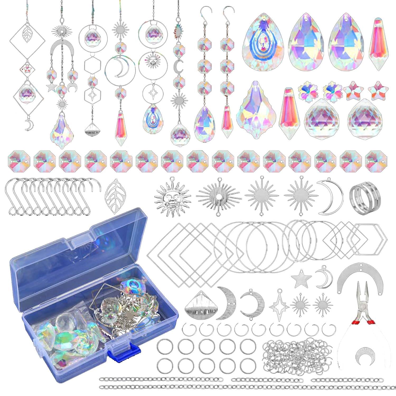 Asyduey 200 Pcs Crystal,Sun Catchers with Crystals,Craft Kits for Adults, with Rainbow Maker, Prism, Pendants Easy to Use Silver