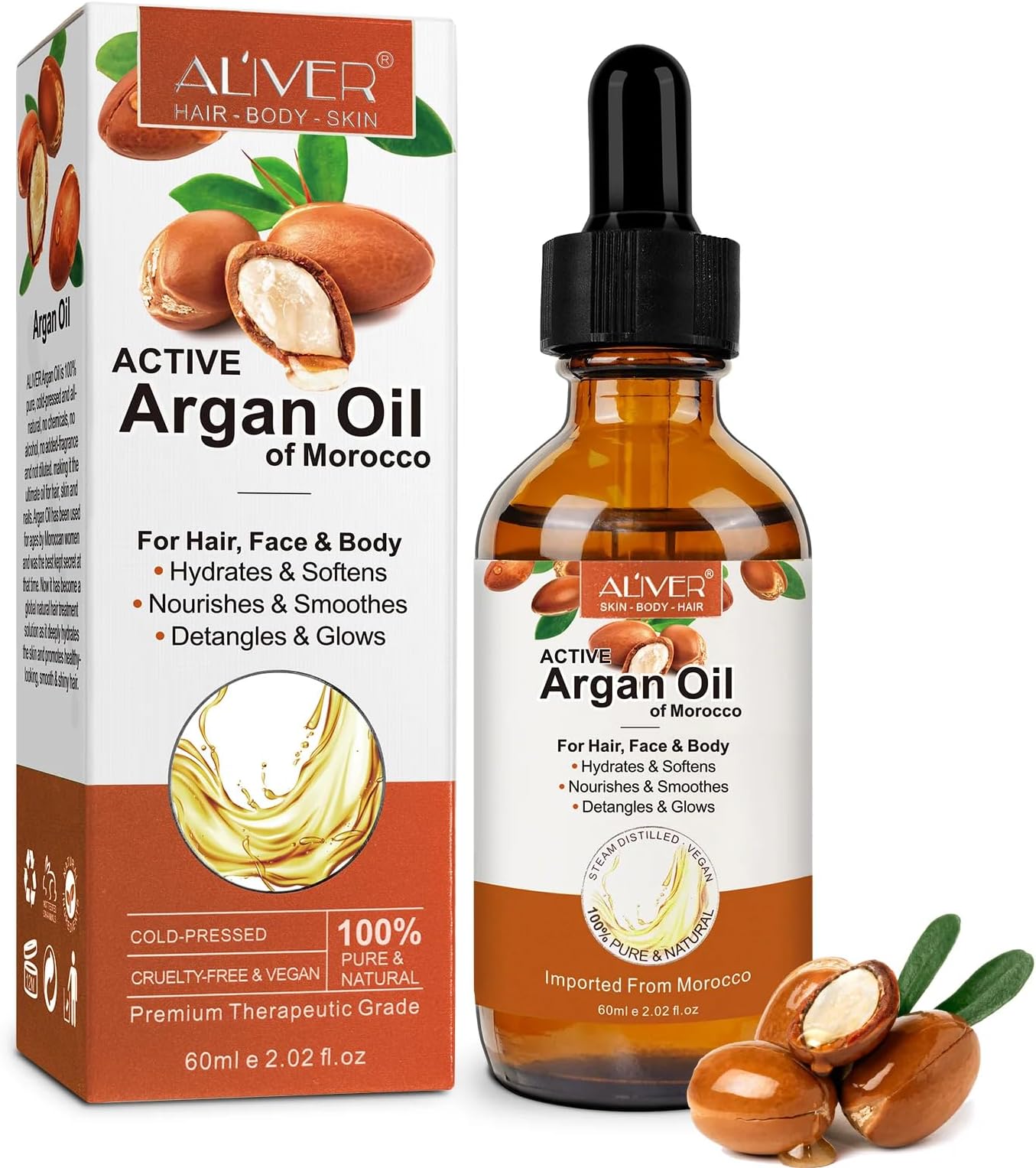 NIKITA.VIVI Argan Oil 60ml, 100% Pure Moroccan Organic Argan Oil for Hair Growth, Face & Body, Cold Pressed Active Argans Oils of Morocco, Treatment For Damaged Hair & Dry Skin, Beard Nails and Skin