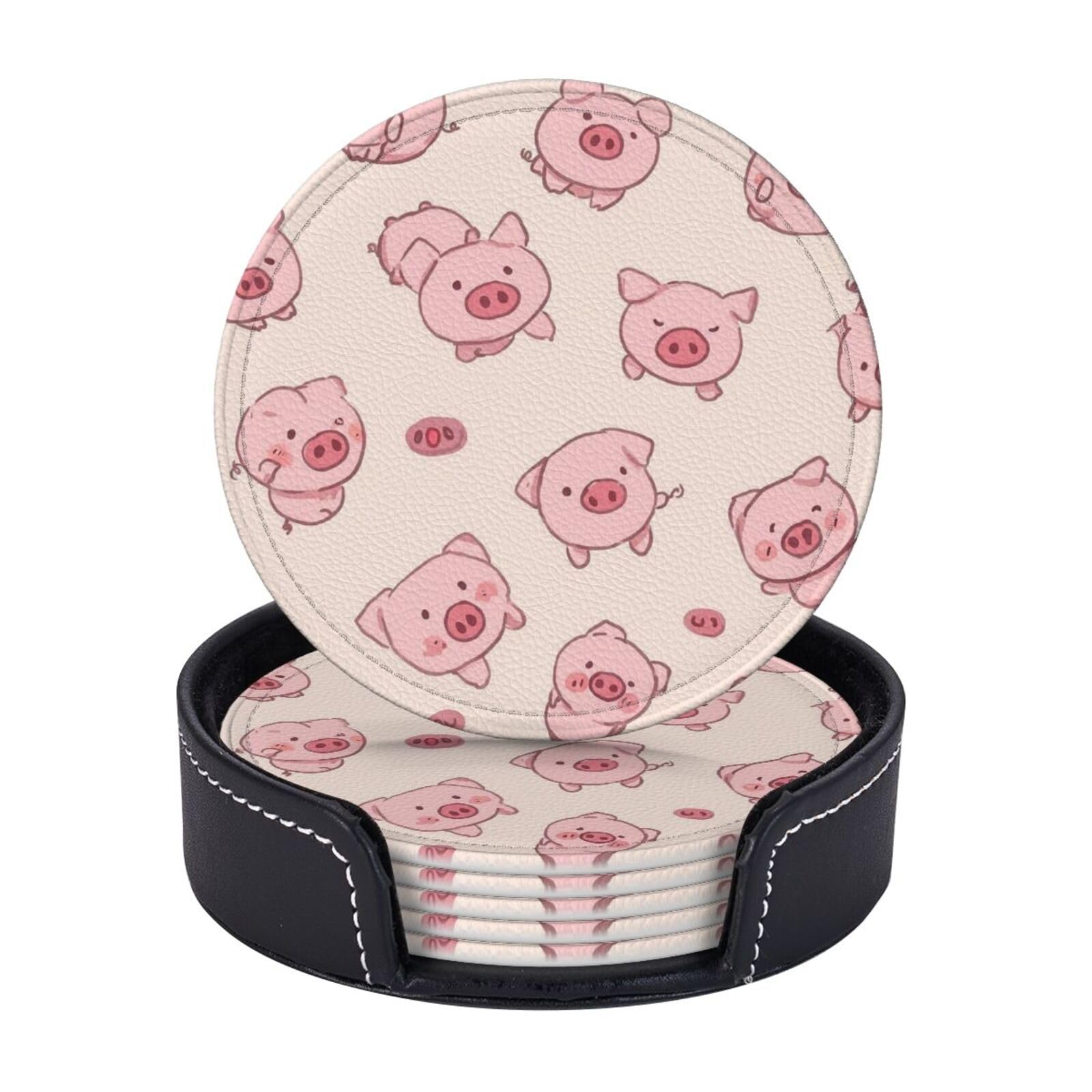 Drink Coasters 6 PCS Round Leather Coaster Pink cute pig Coasters for Drinks Non-Slip Mugs Pads with Holder Personalized Cups Pad Mat for Coffee Table Kitchen 10 CM
