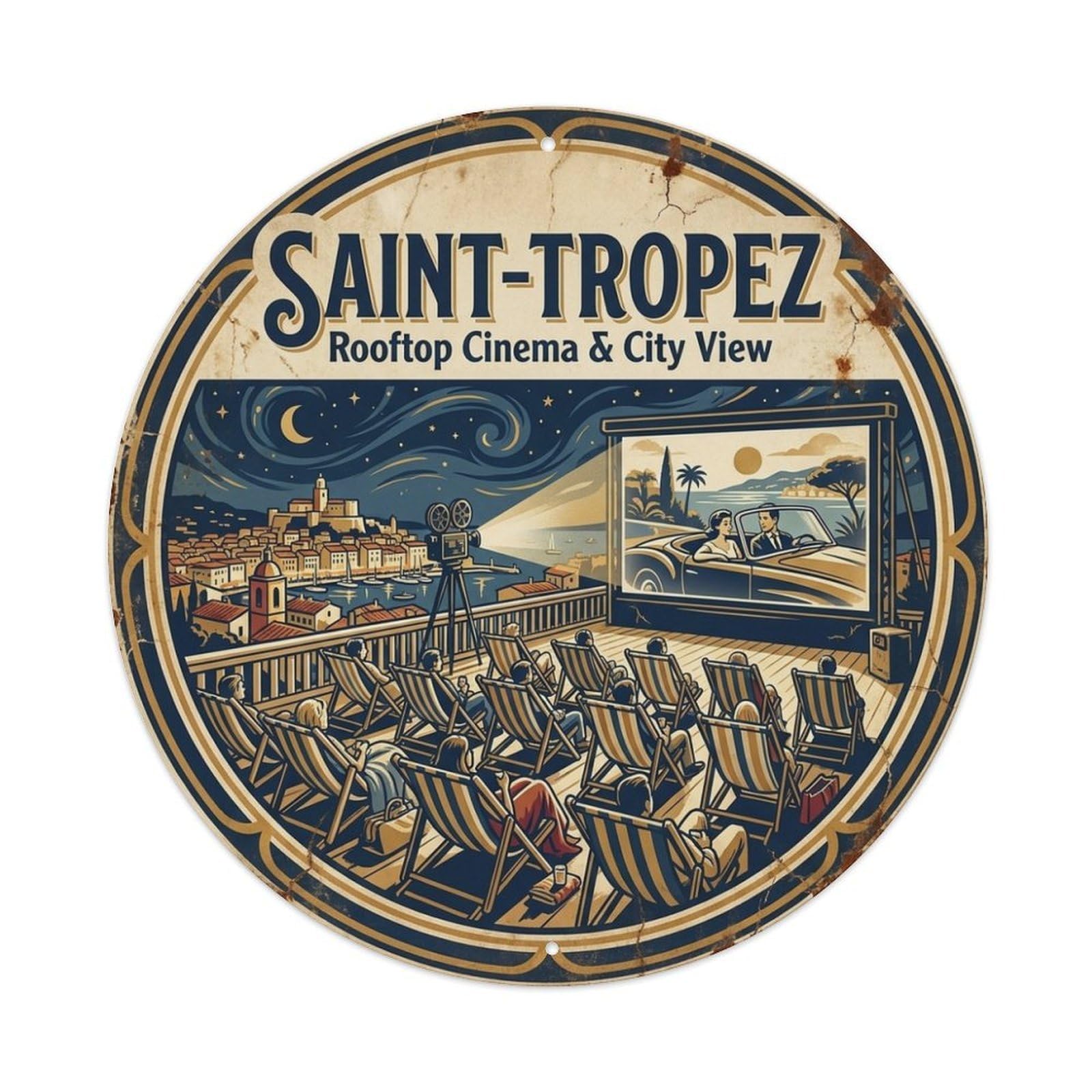 France Saint Tropez Rooftop Cinema City View Travel Metal Tin Sign