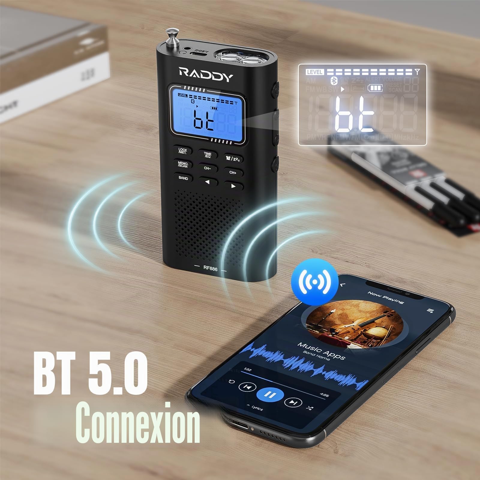 Raddy RF886 Radio Portable à Ondes Courtes Petite Radio AM/FM/SW/UKW Radio Numérique, Radio alimentée par Batterie et Haut-Parleur BT, Antenne Externe 3M