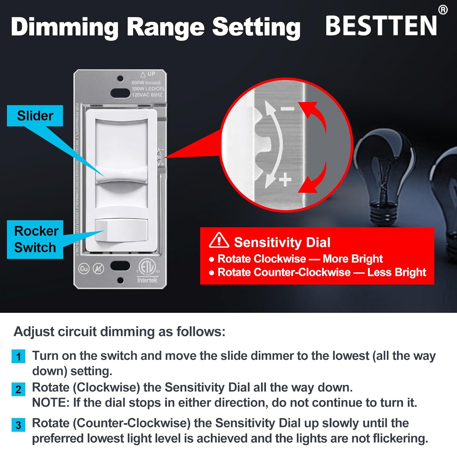 Diagram illustrating the dimmer switch's slider, rocker switch, and the sensitivity dial for dimming range adjustment. Instructions for adjusting the dial are provided.