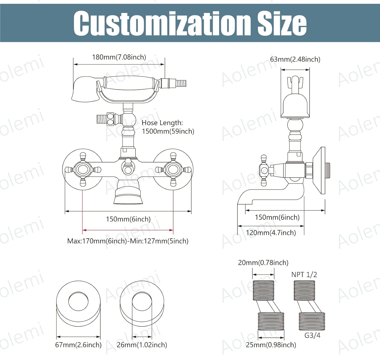 Aolemi Matte Black Wall Mount Bathtub Faucet with Hand Shower Sprayer Bathroom Tub Faucet Double Cross Handle Telephone Shaped Handheld Sprayer Shower Set Mixer Tap Vintage - Image 6