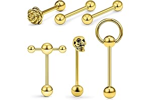 6PCS 14G Stainless Steel Tongue Ring Tongue Rose Skull with Double Barbell