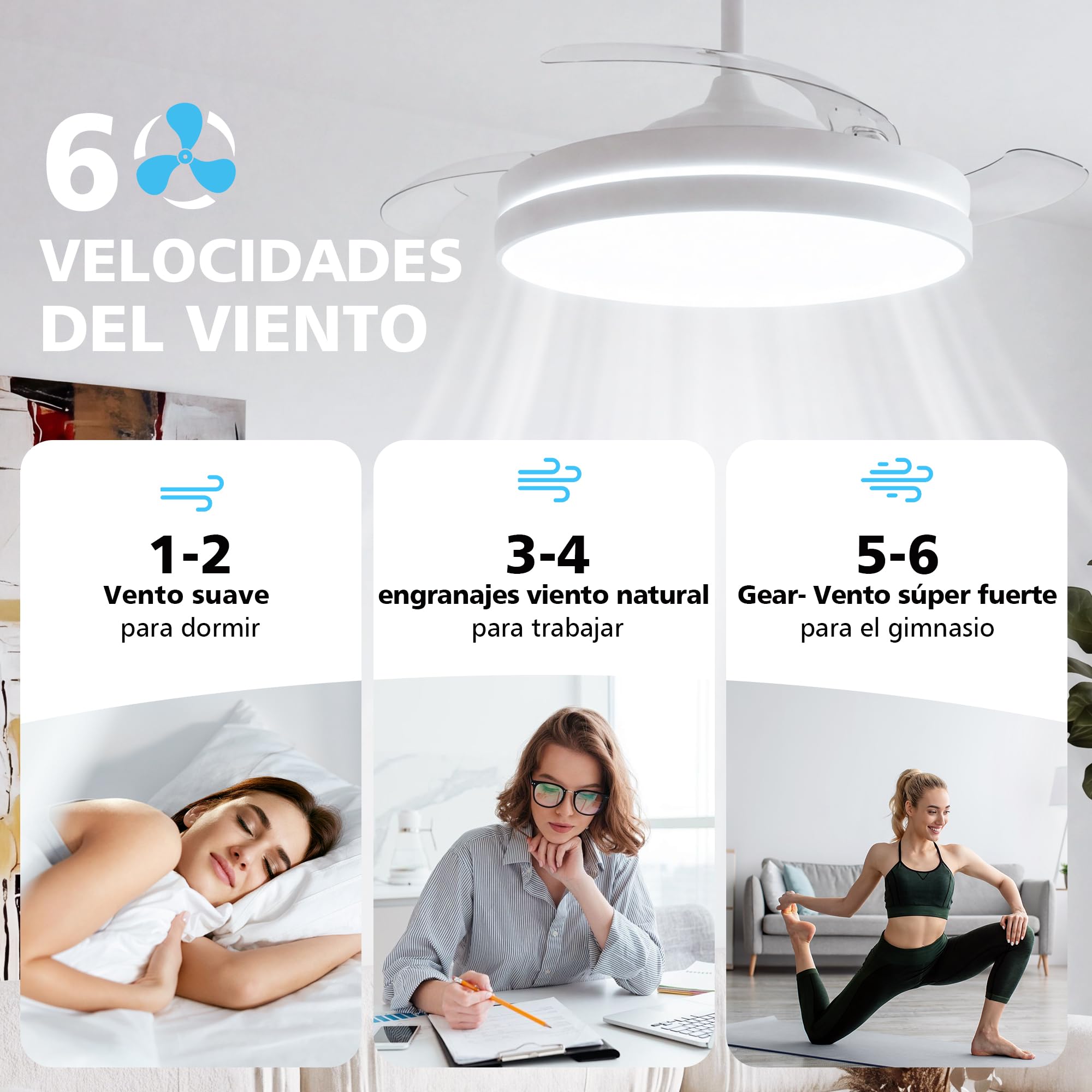 NIORSUN Ventilador de techo con luz,42" (106cm) Ventilador de techo,3 tonalidades, aspas desplegables, 40w 6 velocidades, APP&control remoto, Función Verano-Invierno,Blanco