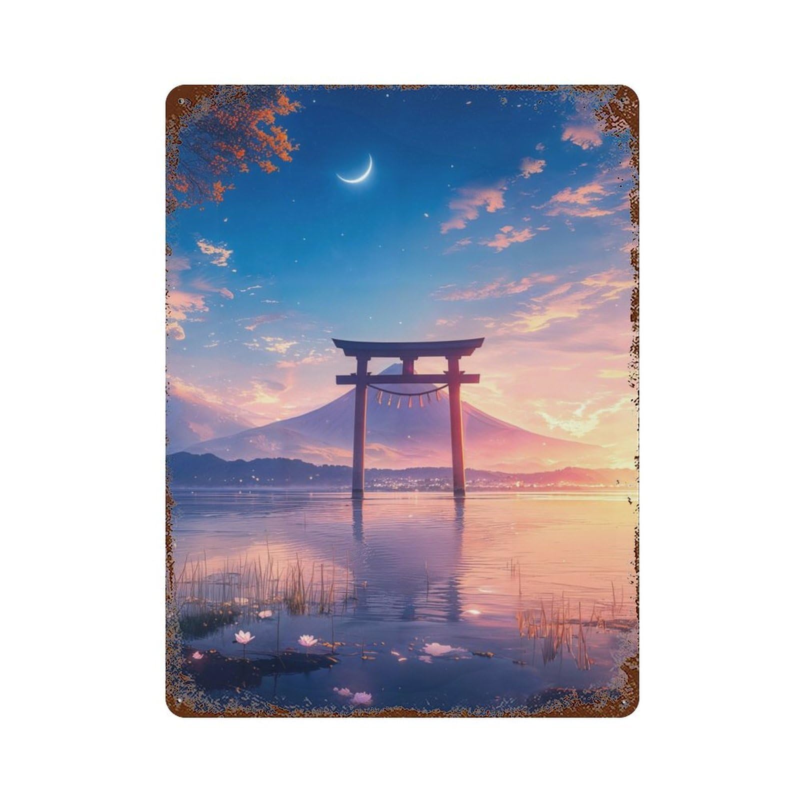 Vintage Rust Metal Sign with Mount Fuji Torii Gate Design 15.7"x11.8", for Garage, Bar And Workshop Decor, Retro Wall Decor